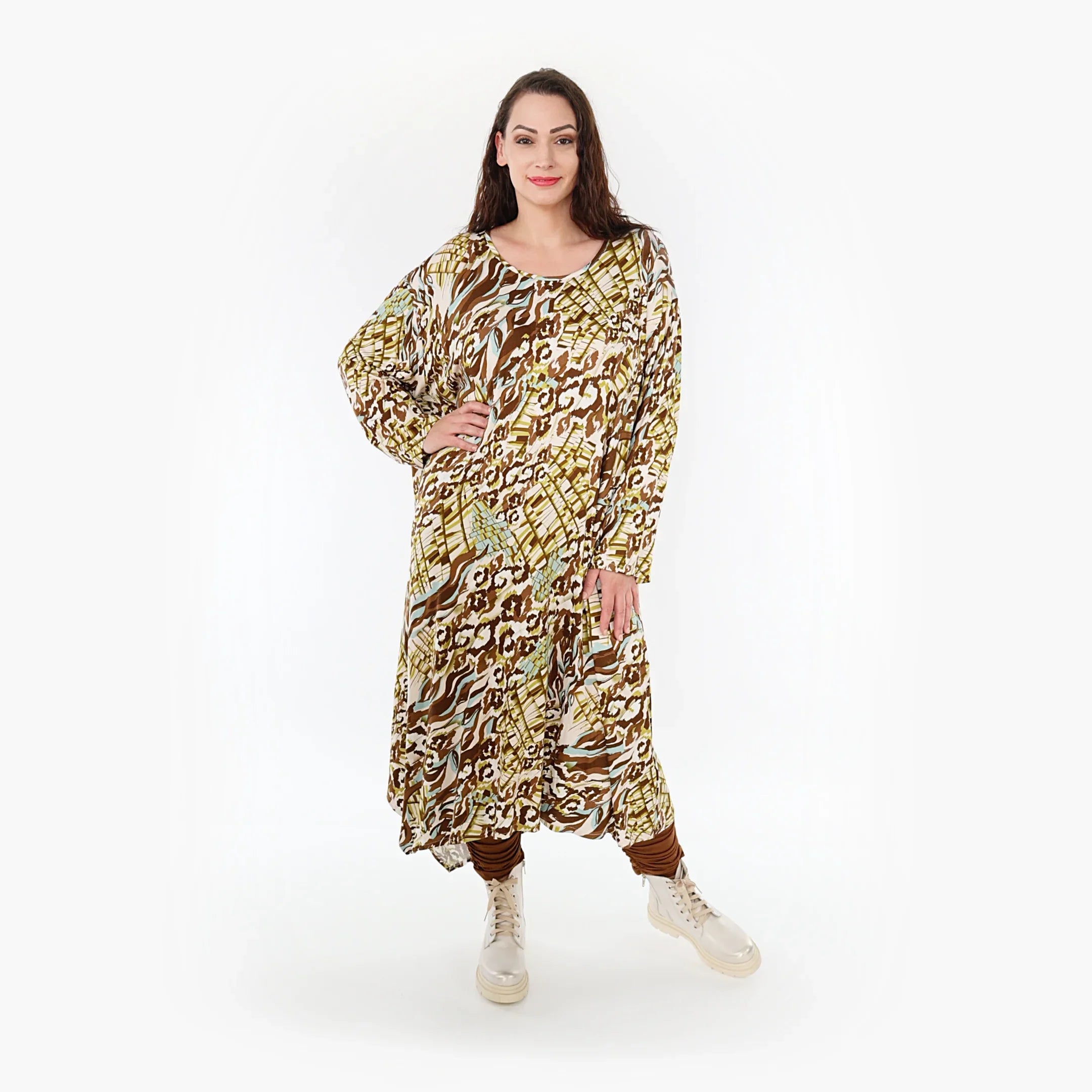 AKH Fashion Kleid 1927 Sakia, Olive/Cognac/Weiß