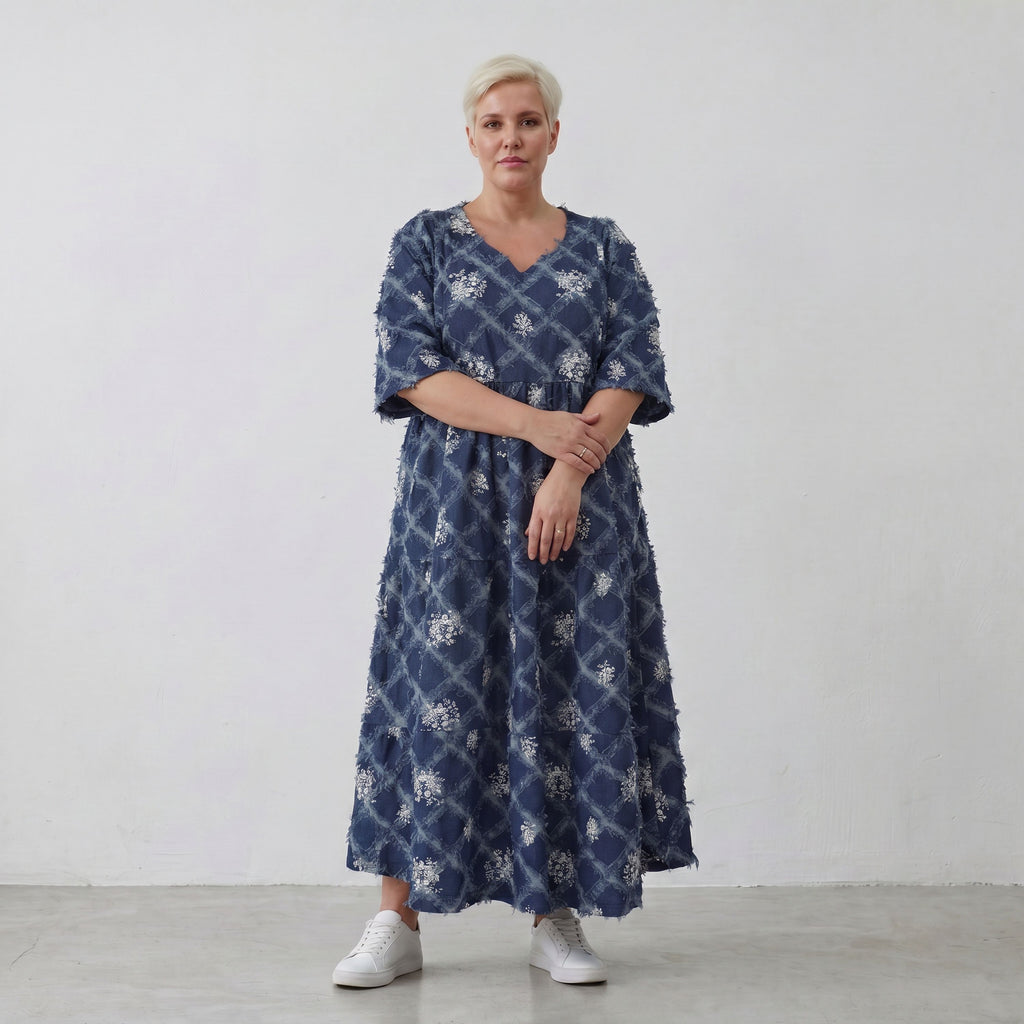 AKH Premium Kleid 7234 BlueDenim, Jeansblau-Weiß