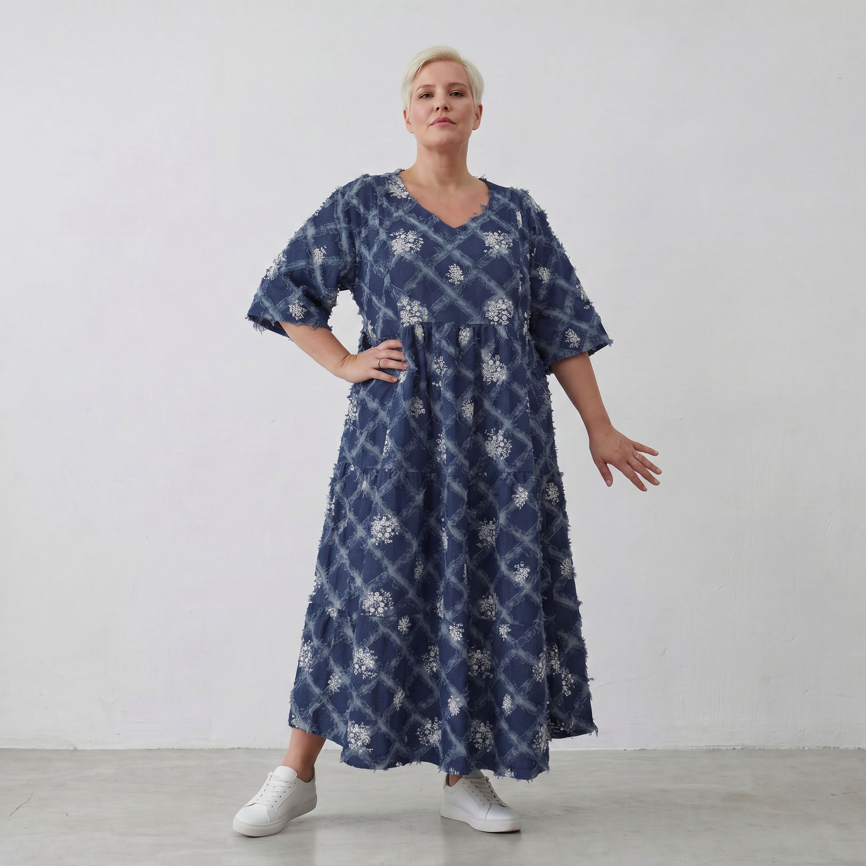 AKH Premium Kleid 7234 BlueDenim, Jeansblau-Weiß