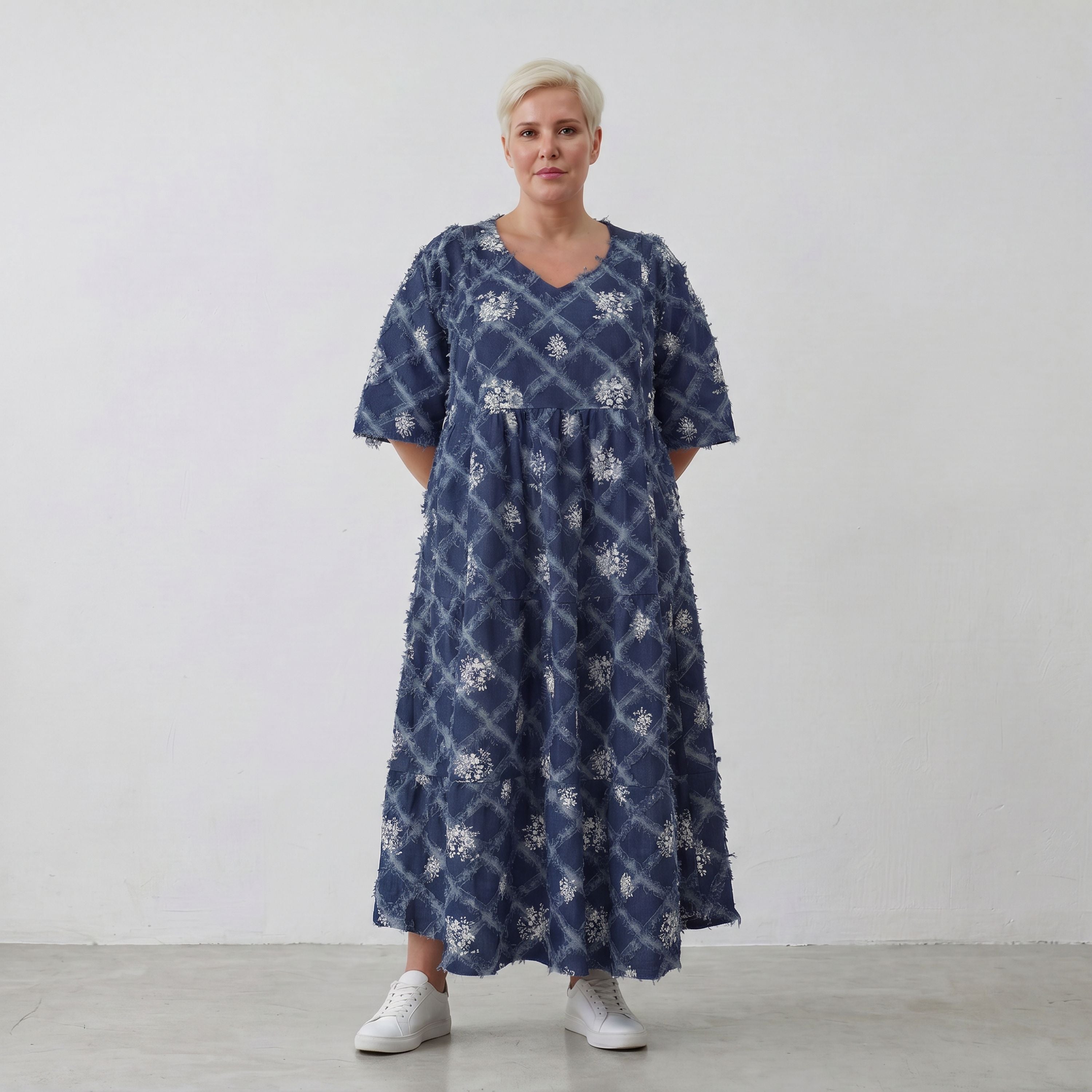 AKH Premium Kleid 7234 BlueDenim, Jeansblau-Weiß