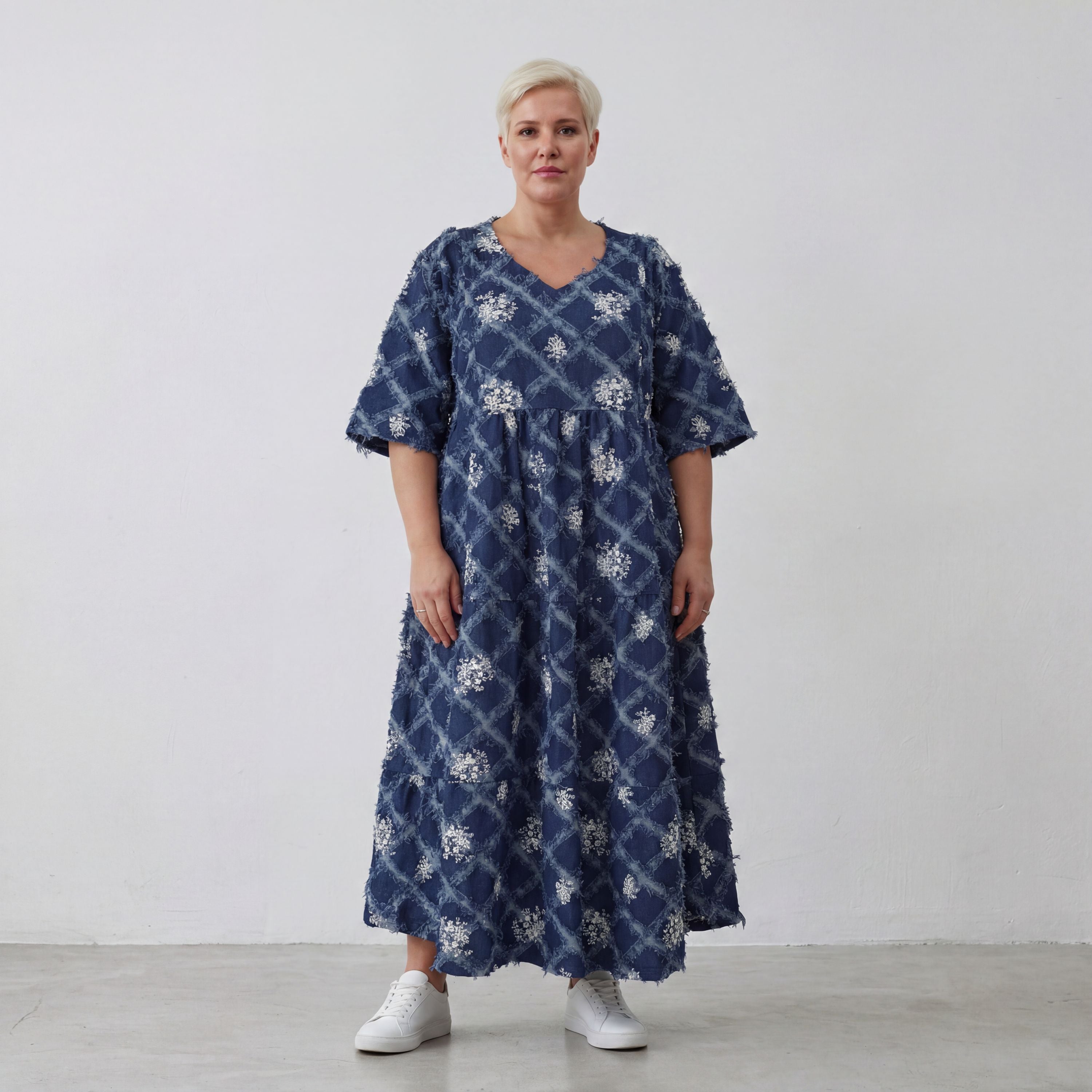 AKH Premium Kleid 7234 BlueDenim, Jeansblau-Weiß