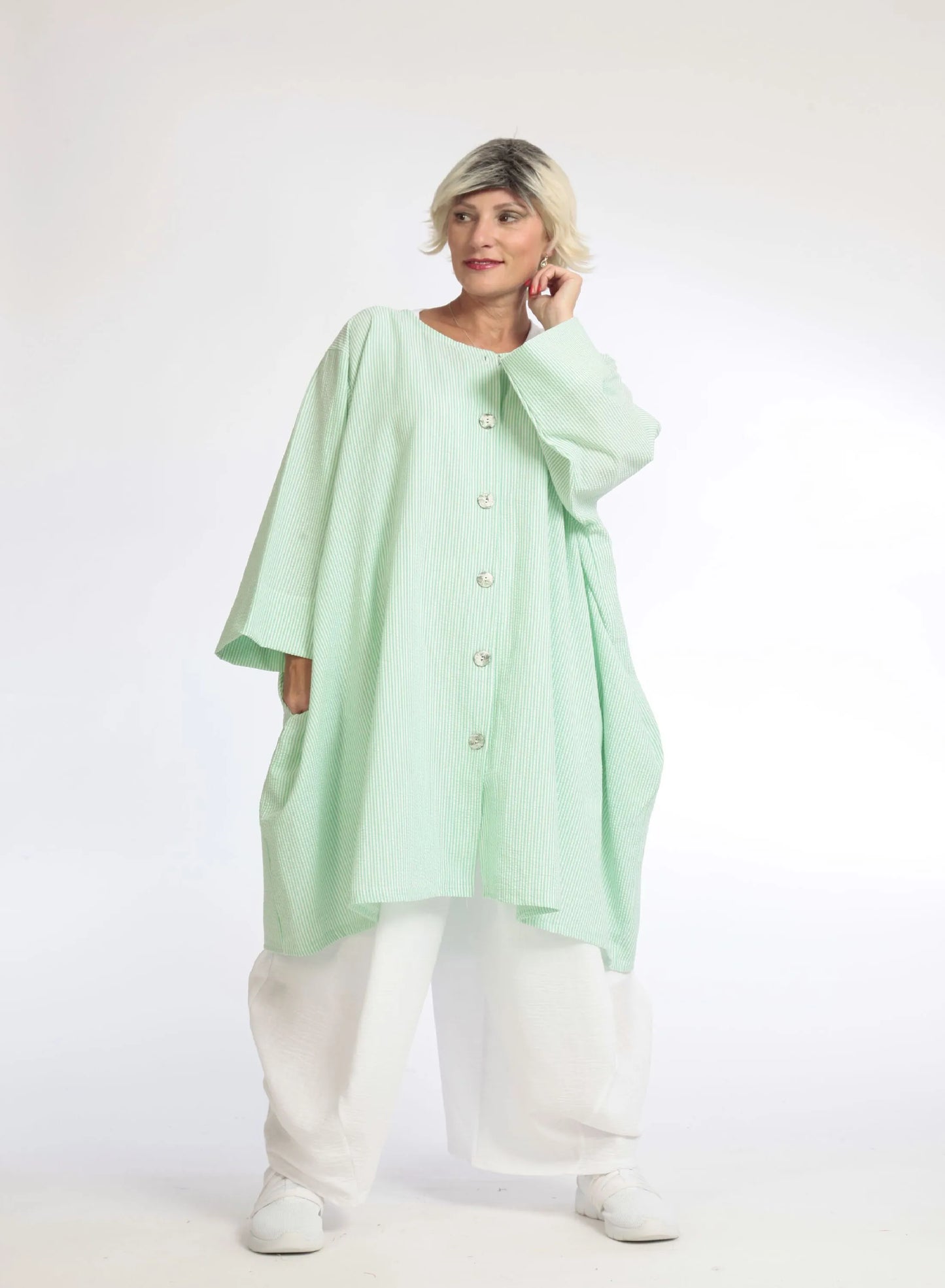 Sommer Bluse in A-Form aus weicher Seersucker Qualität, Tessa in Grün