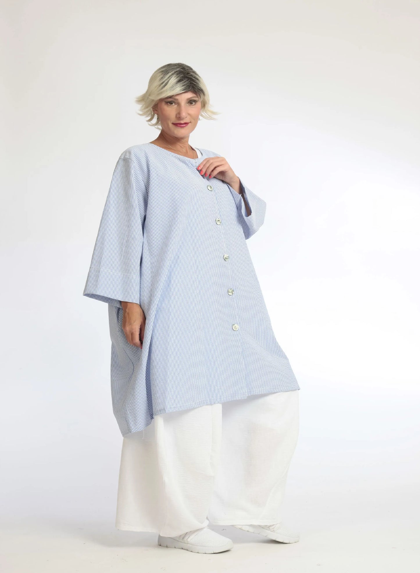 Sommer Bluse in A-Form aus weicher Seersucker Qualität, Tessa in Blau