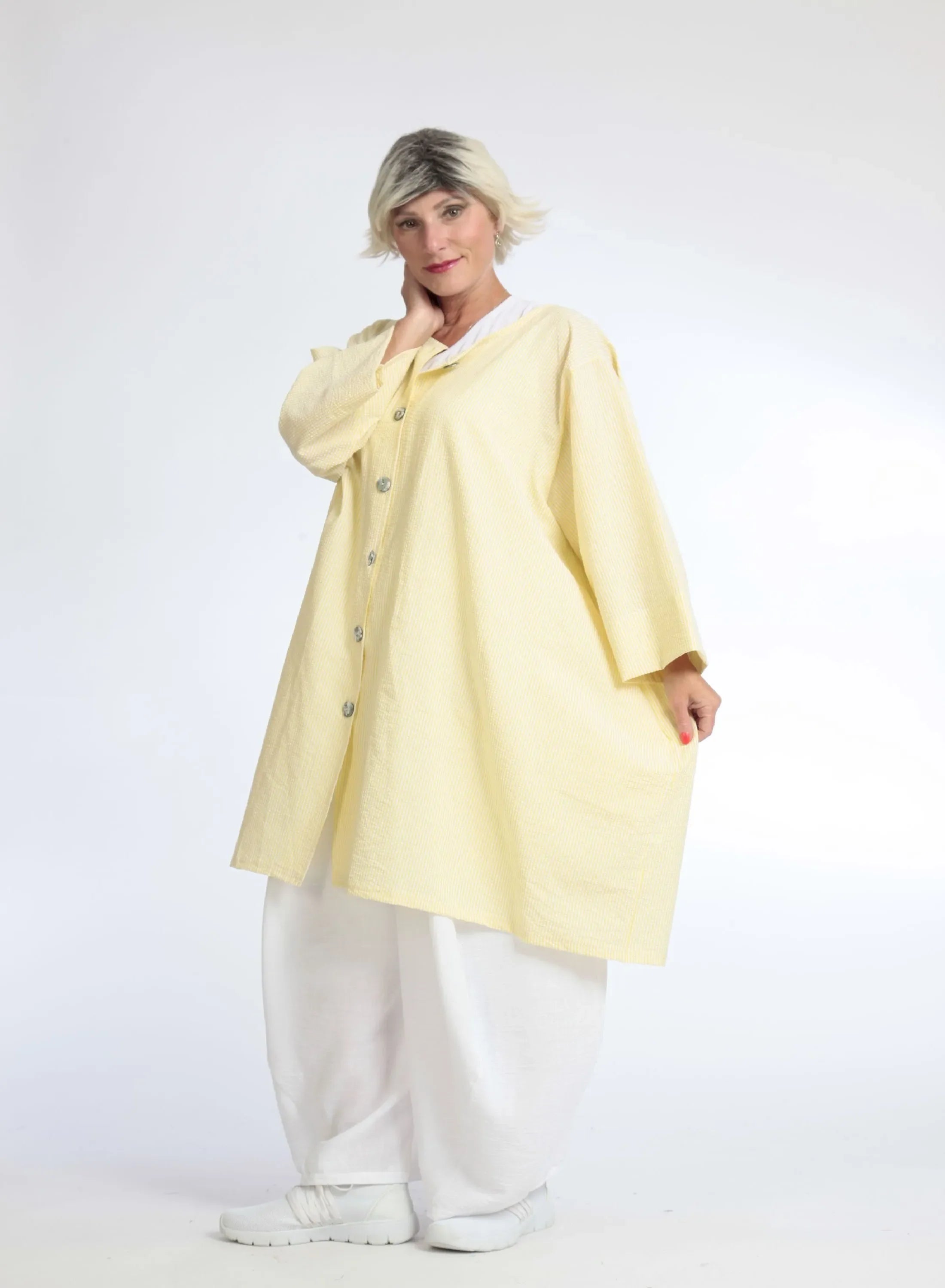 Summer blouse in A-shape made of soft seersucker quality, Tessa in yellow
