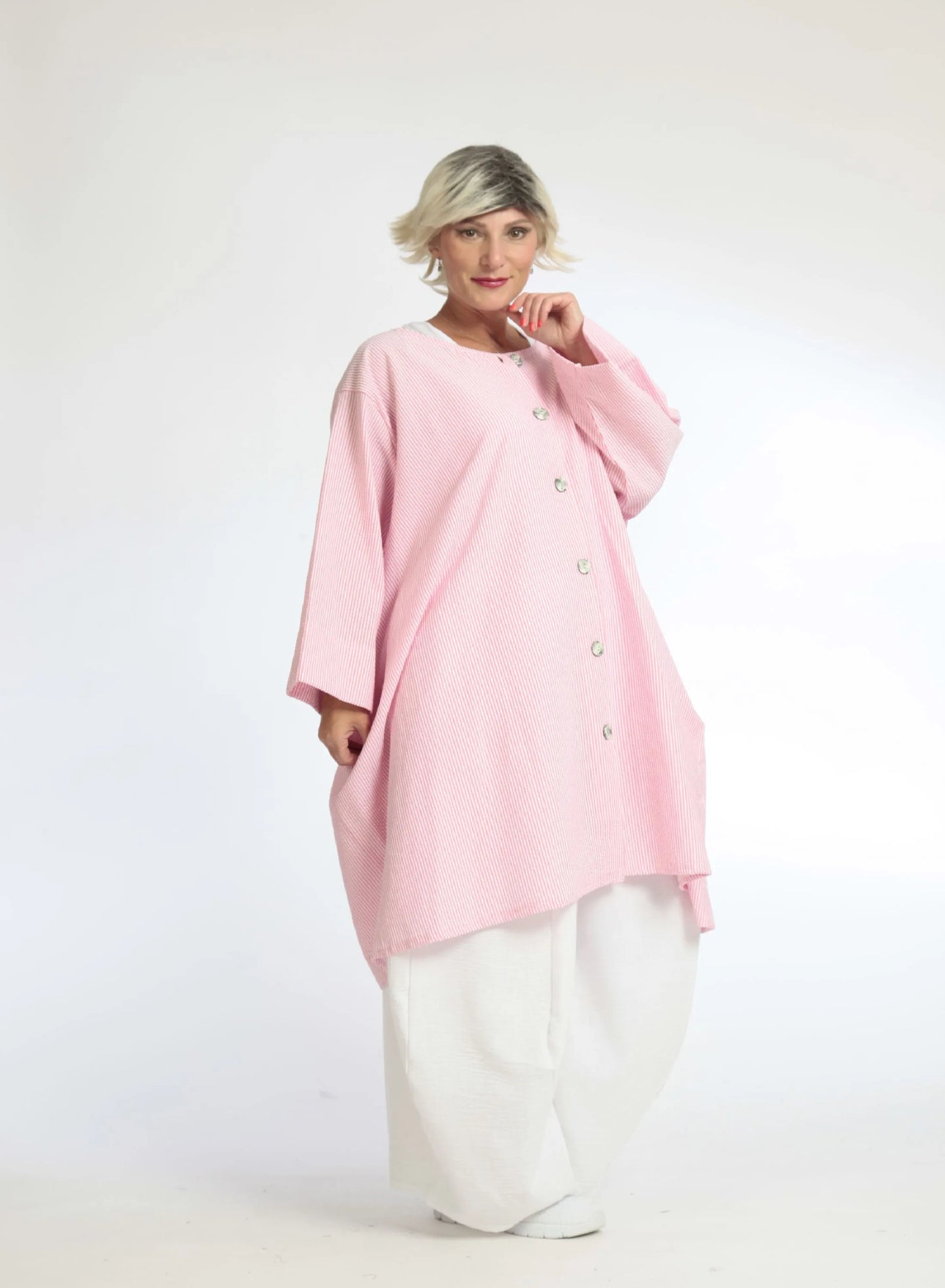Sommer Bluse in A-Form aus weicher Seersucker Qualität, Tessa in Pink