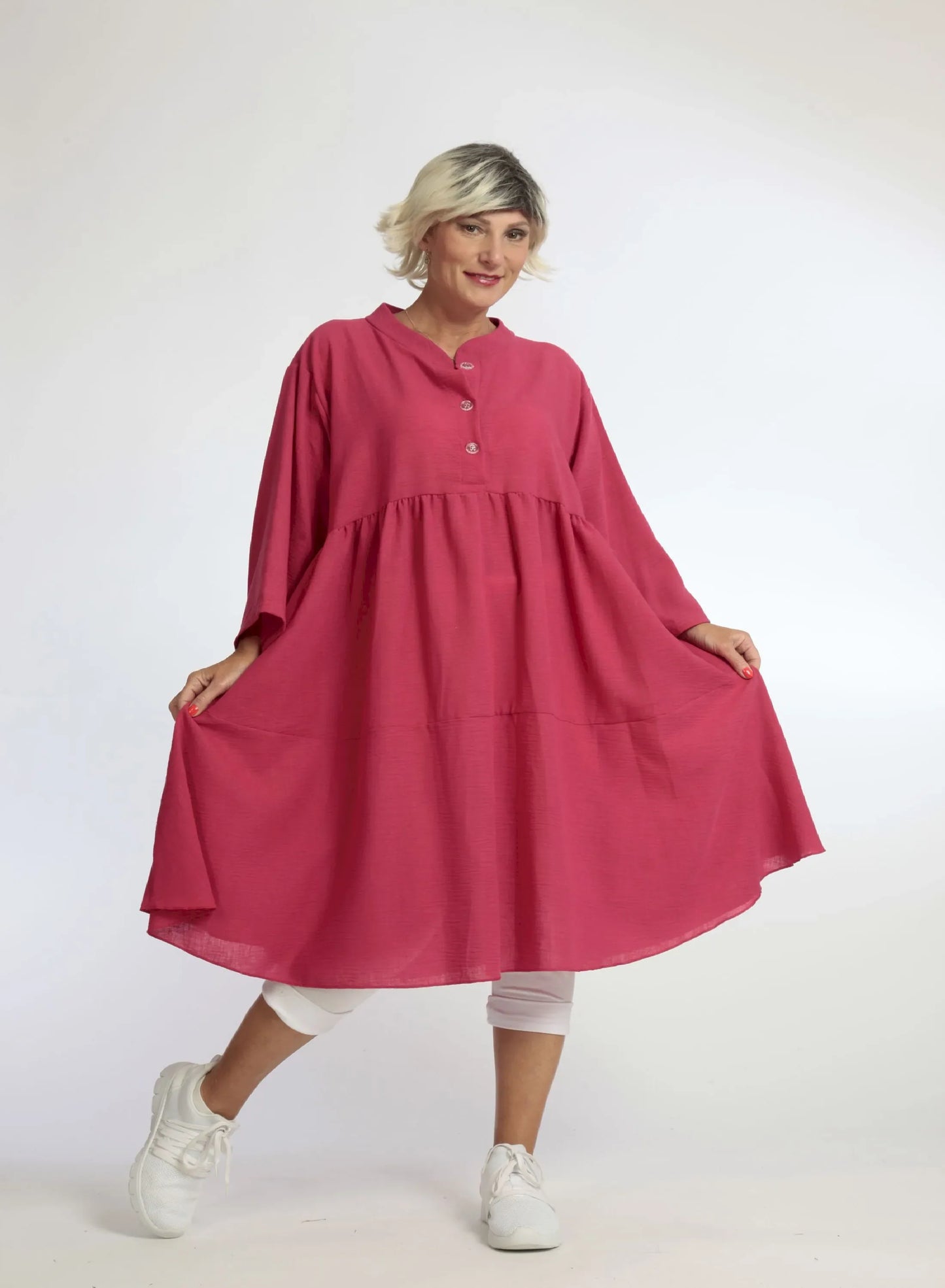 Sommer Kleid in A-Form aus weicher Leinen Optik Qualität, Malina in Fuchsia