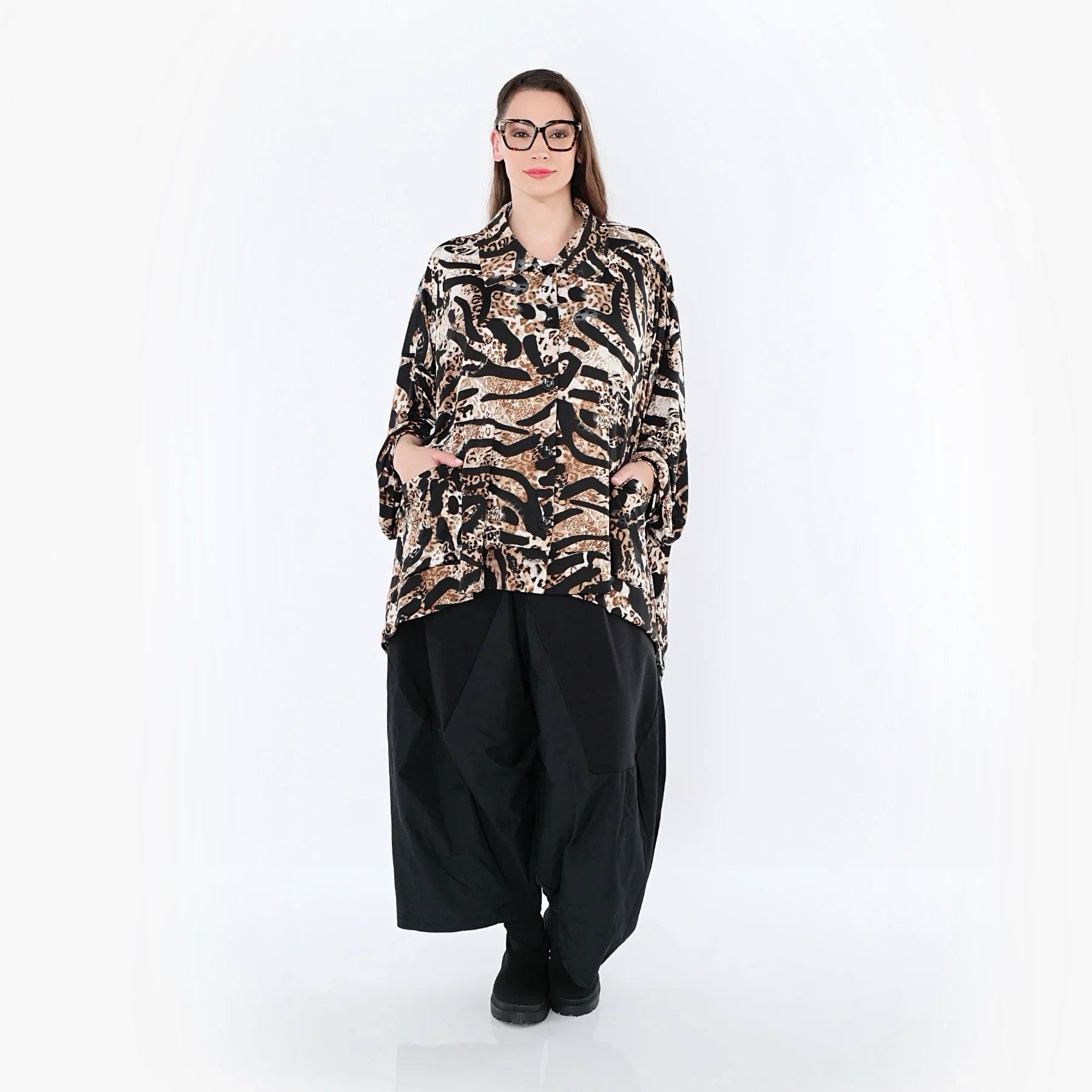 AKH Fashion 7132 Chemisier, Noir-Cognac-Blanc