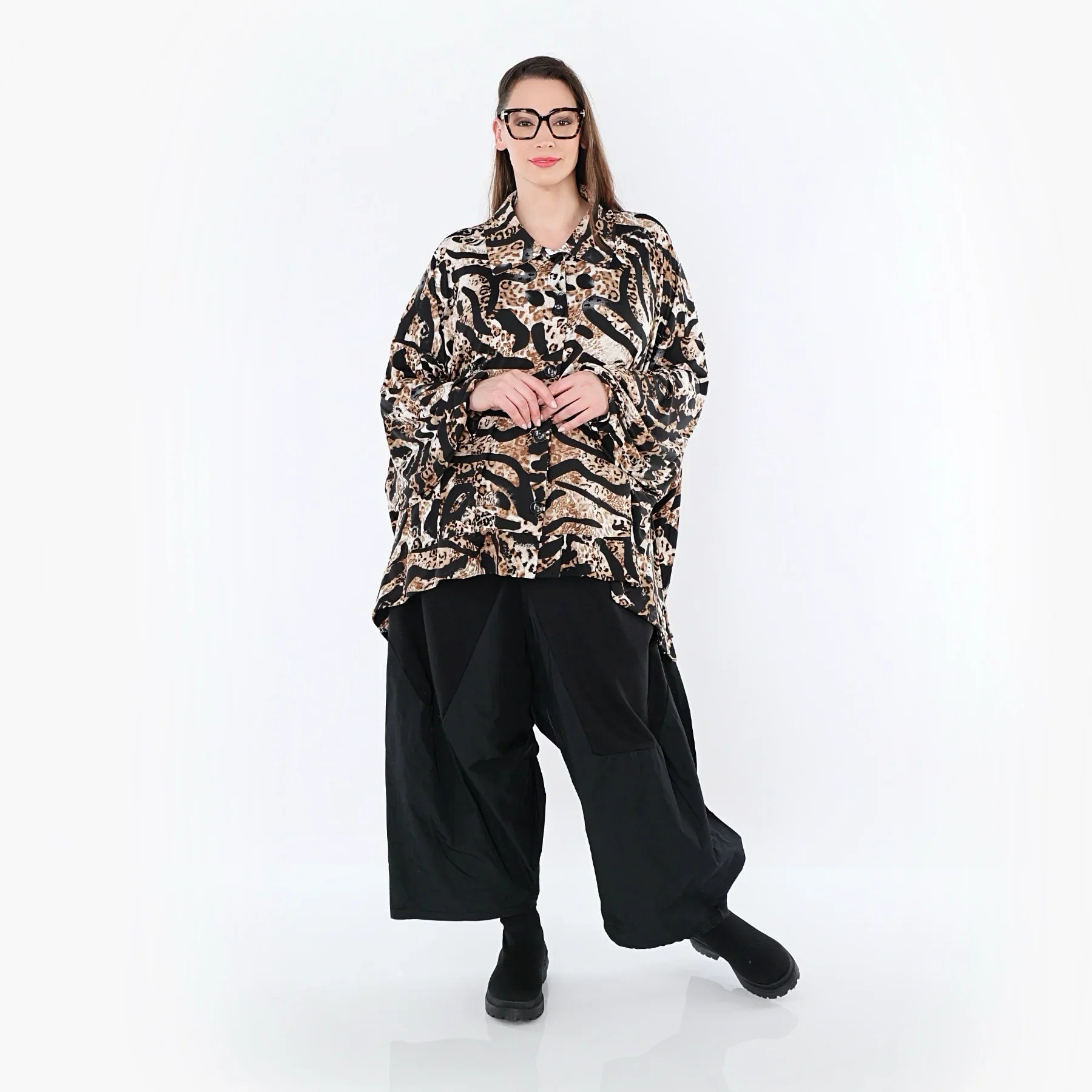 AKH Fashion 7132 Chemisier, Noir-Cognac-Blanc