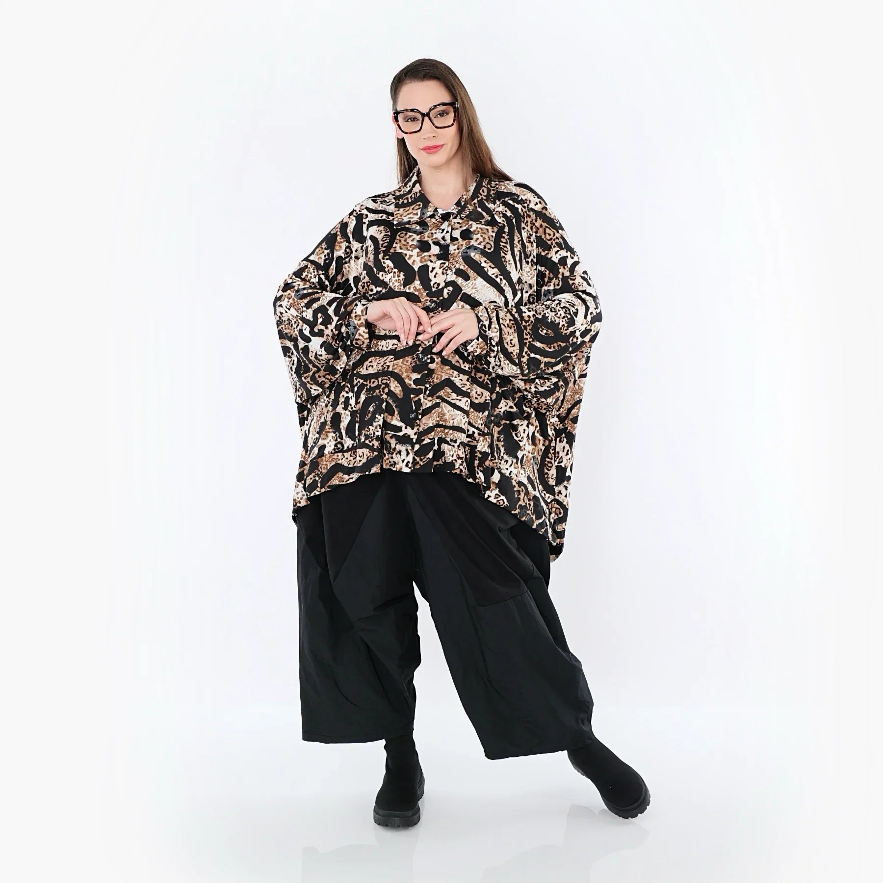AKH Fashion 7132 Chemisier, Noir-Cognac-Blanc