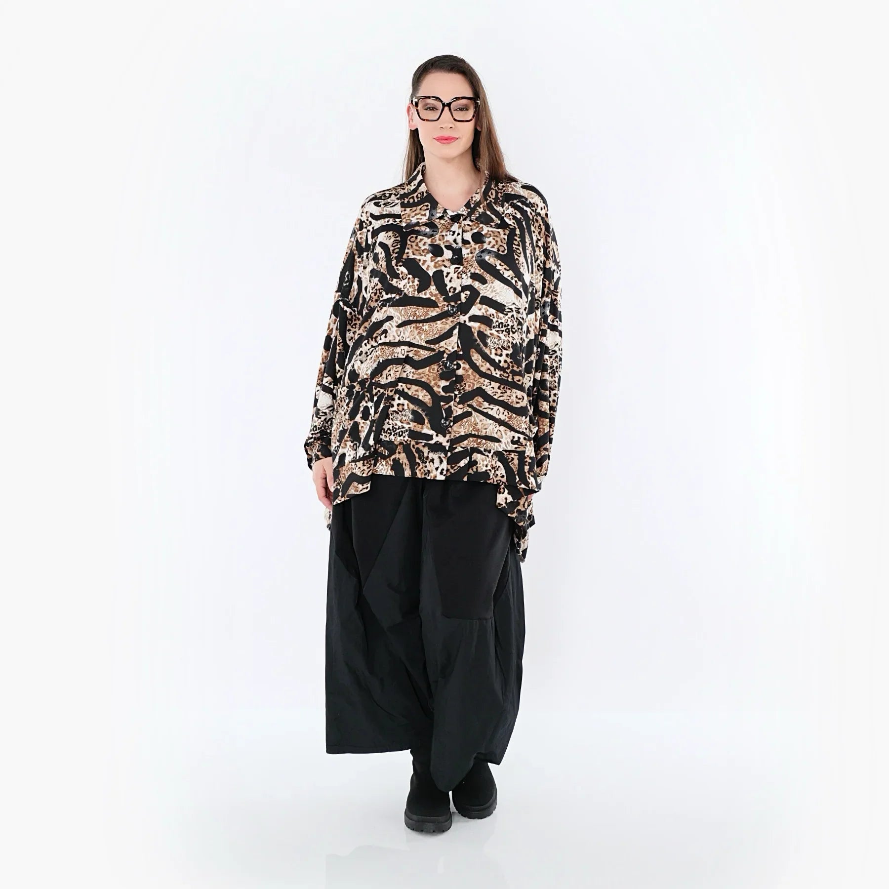 AKH Fashion 7132 Chemisier, Noir-Cognac-Blanc