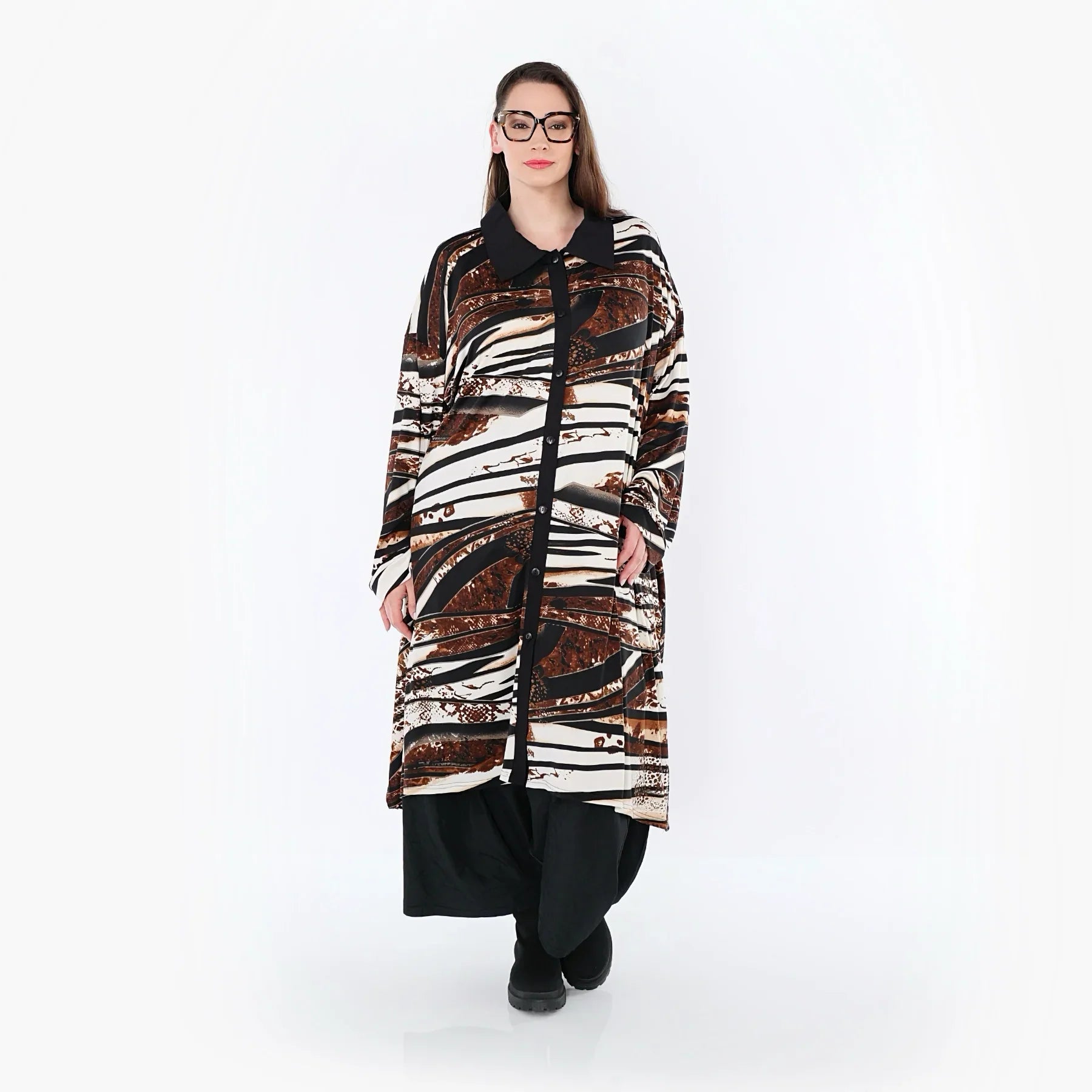 Chemisier AKH Fashion 7131, Noir-Marron-Blanc