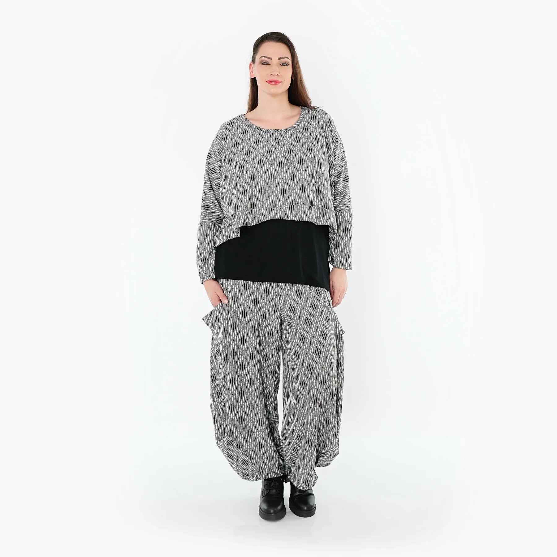 AKH Fashion 8069 Pantalon, Gris clair-Noir-Blanc