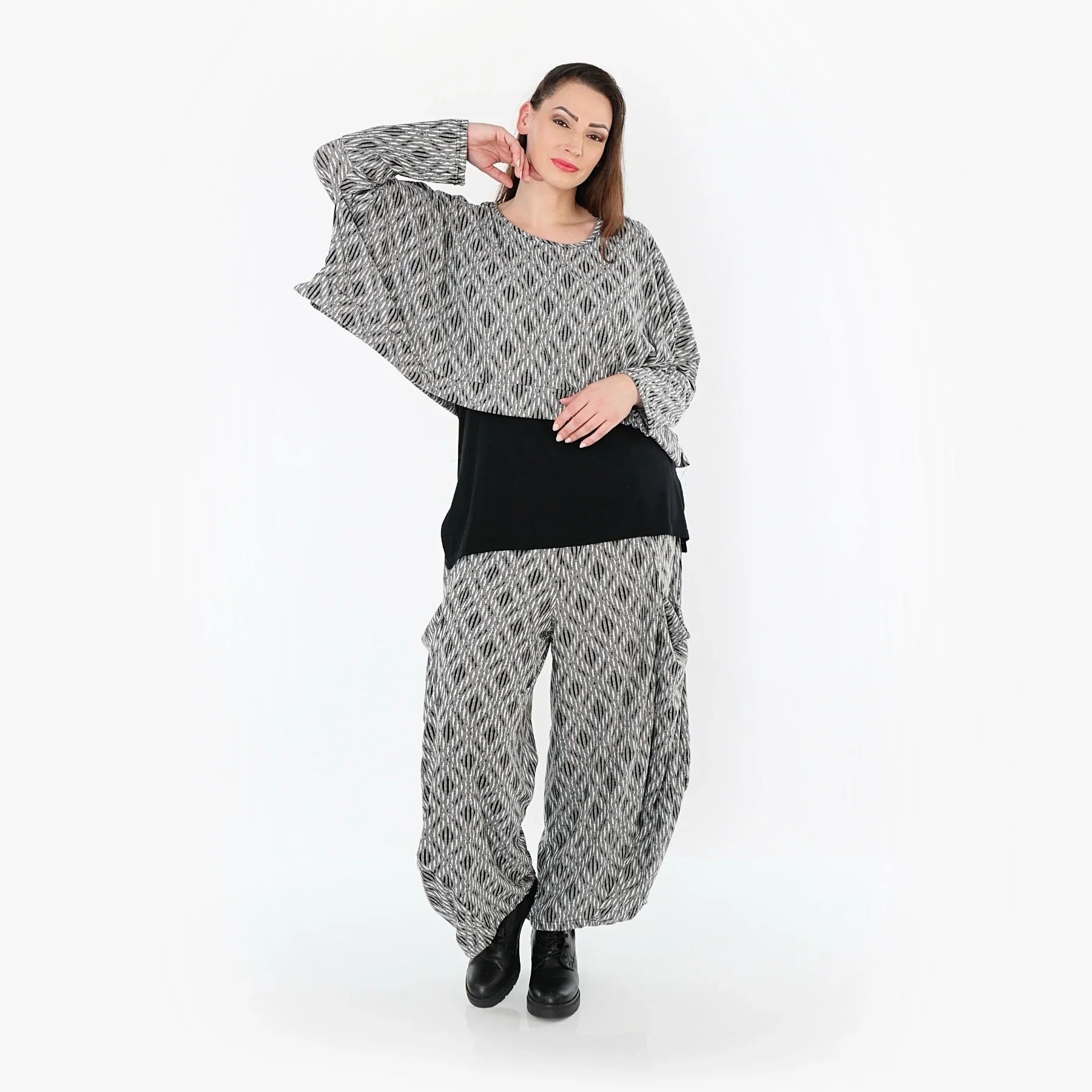 AKH Fashion 8069 Pantalon, Gris clair-Noir-Blanc