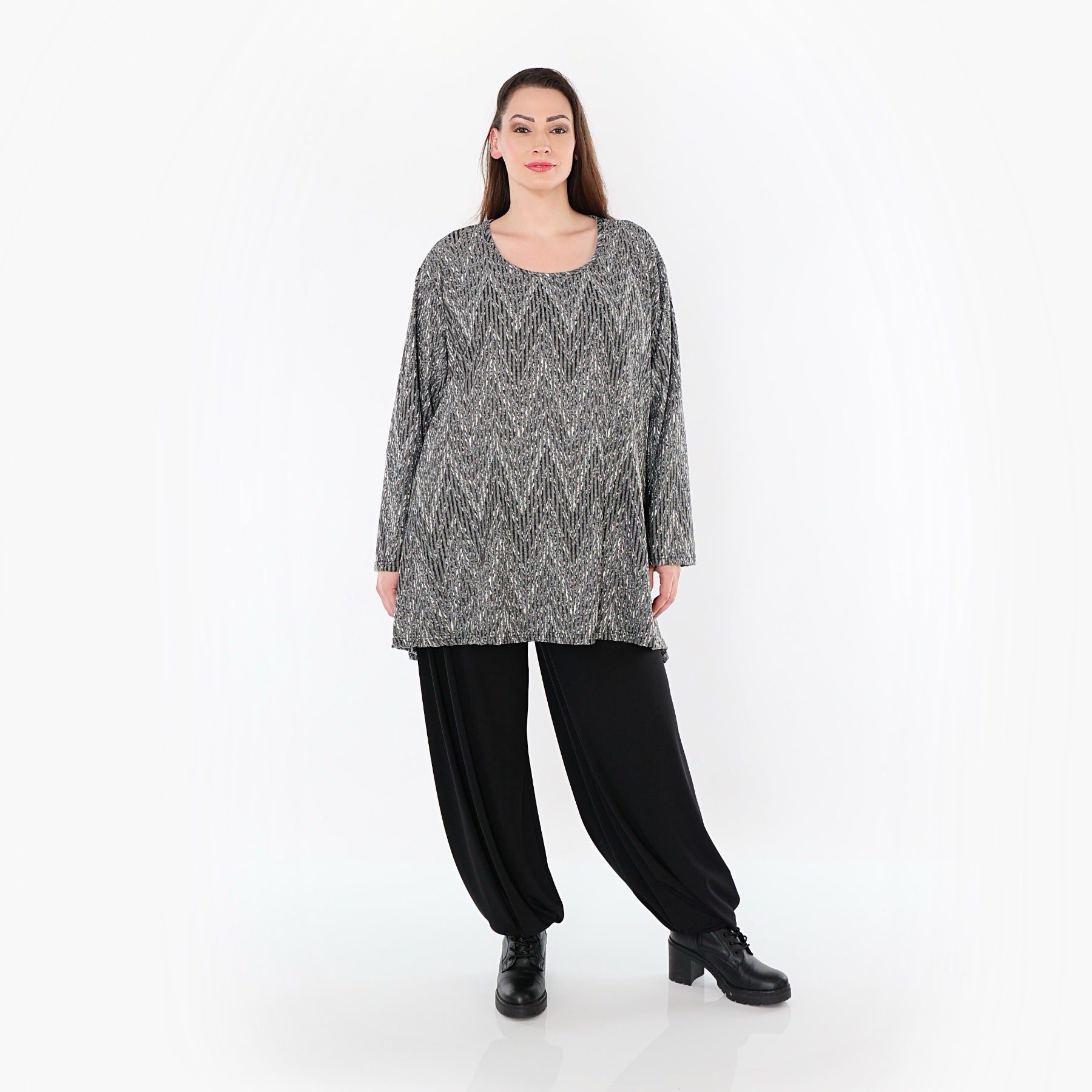 AKH Fashion 593 Grand T-shirt, Gris-Noir-Blanc
