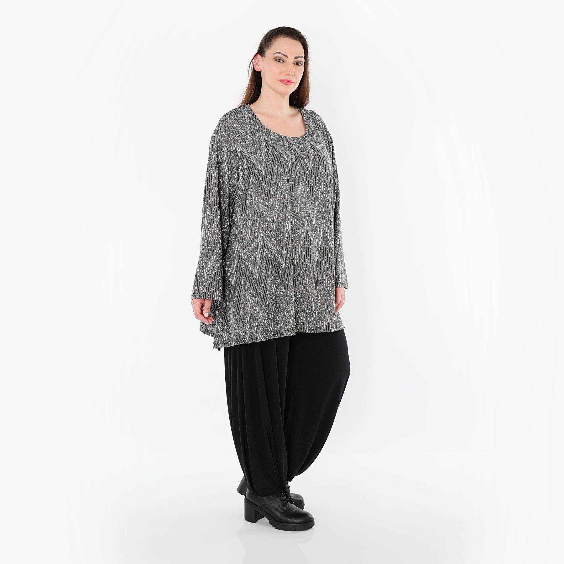 AKH Fashion 593 Grand T-shirt, Gris-Noir-Blanc