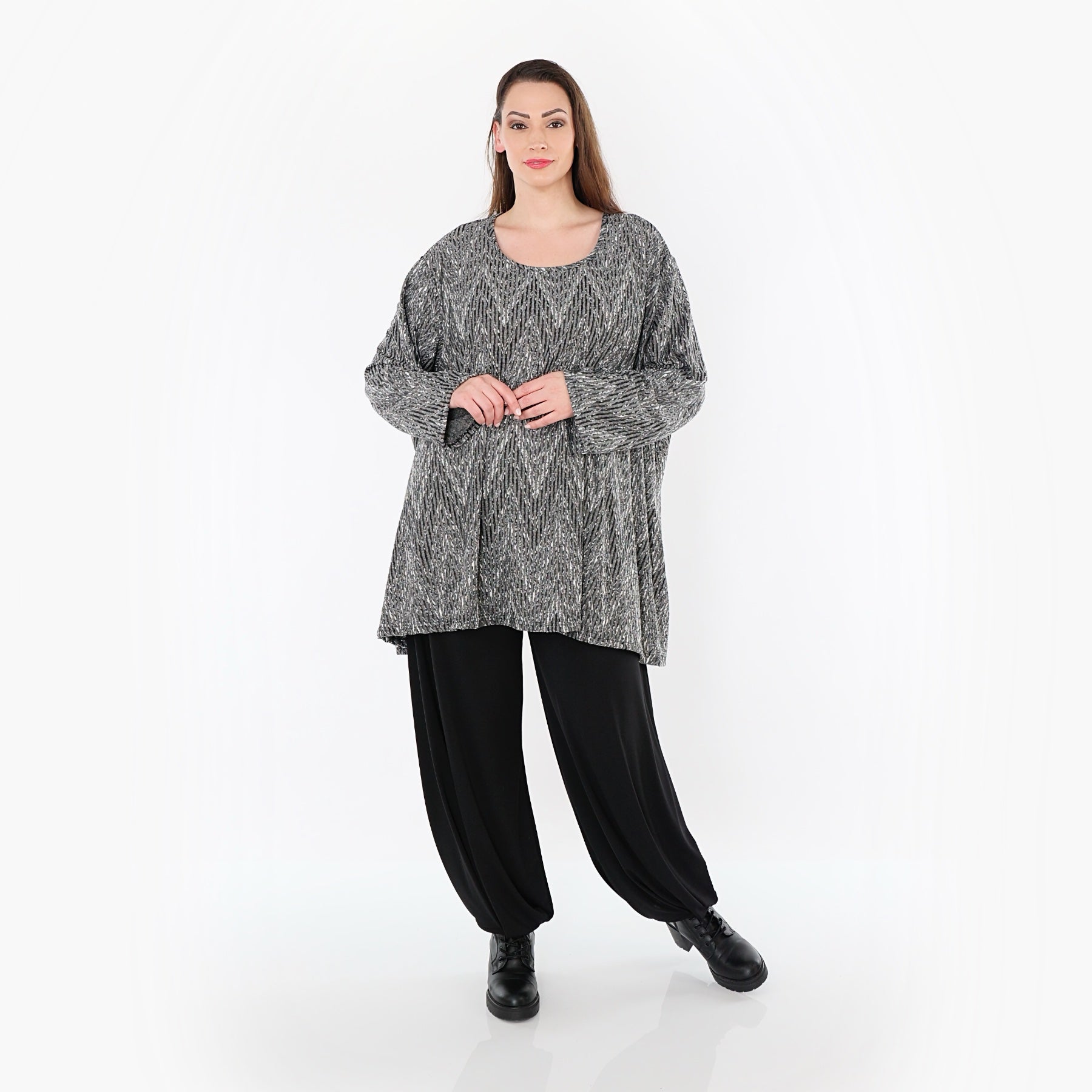 AKH Fashion 593 Grand T-shirt, Gris-Noir-Blanc