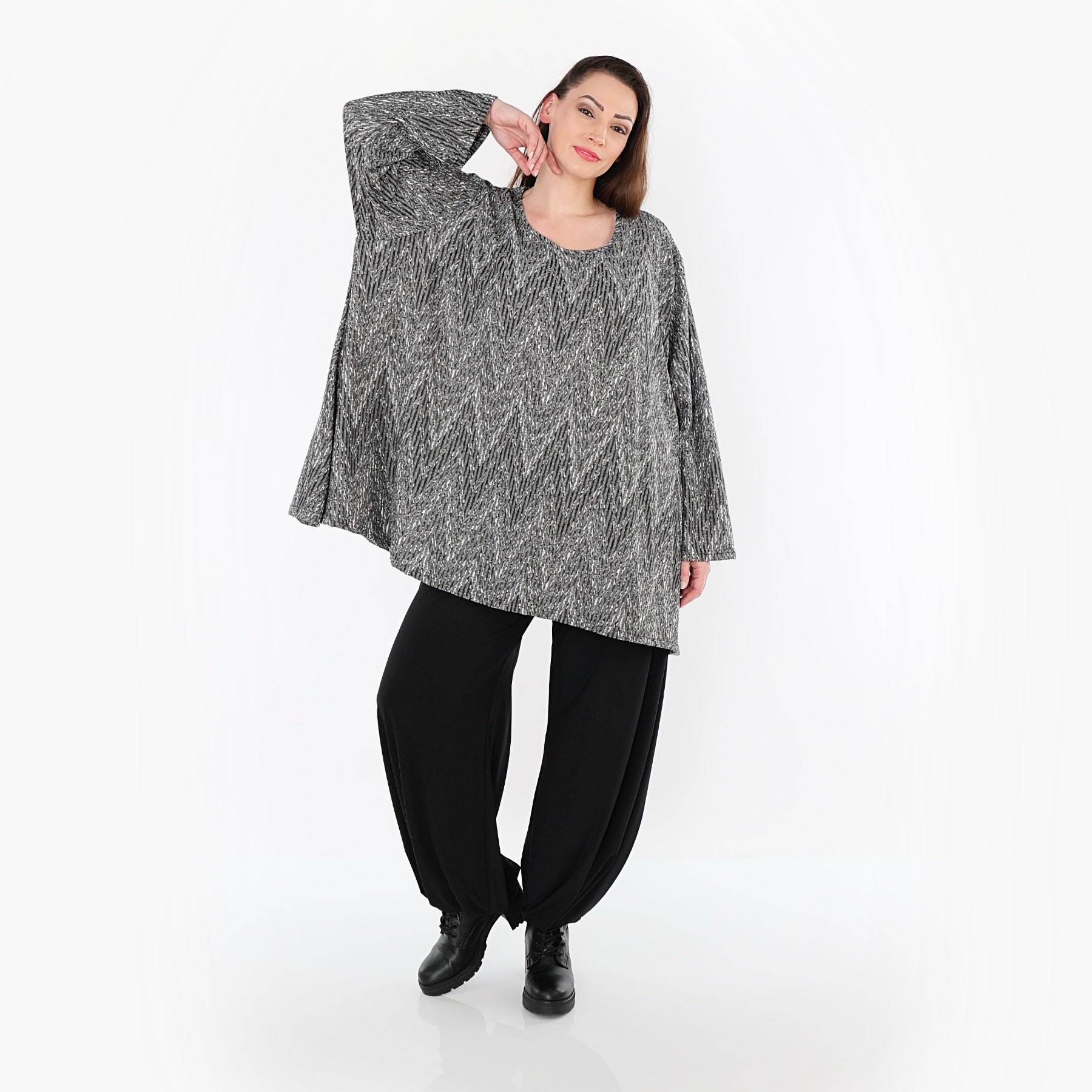 AKH Fashion 593 Grand T-shirt, Gris-Noir-Blanc