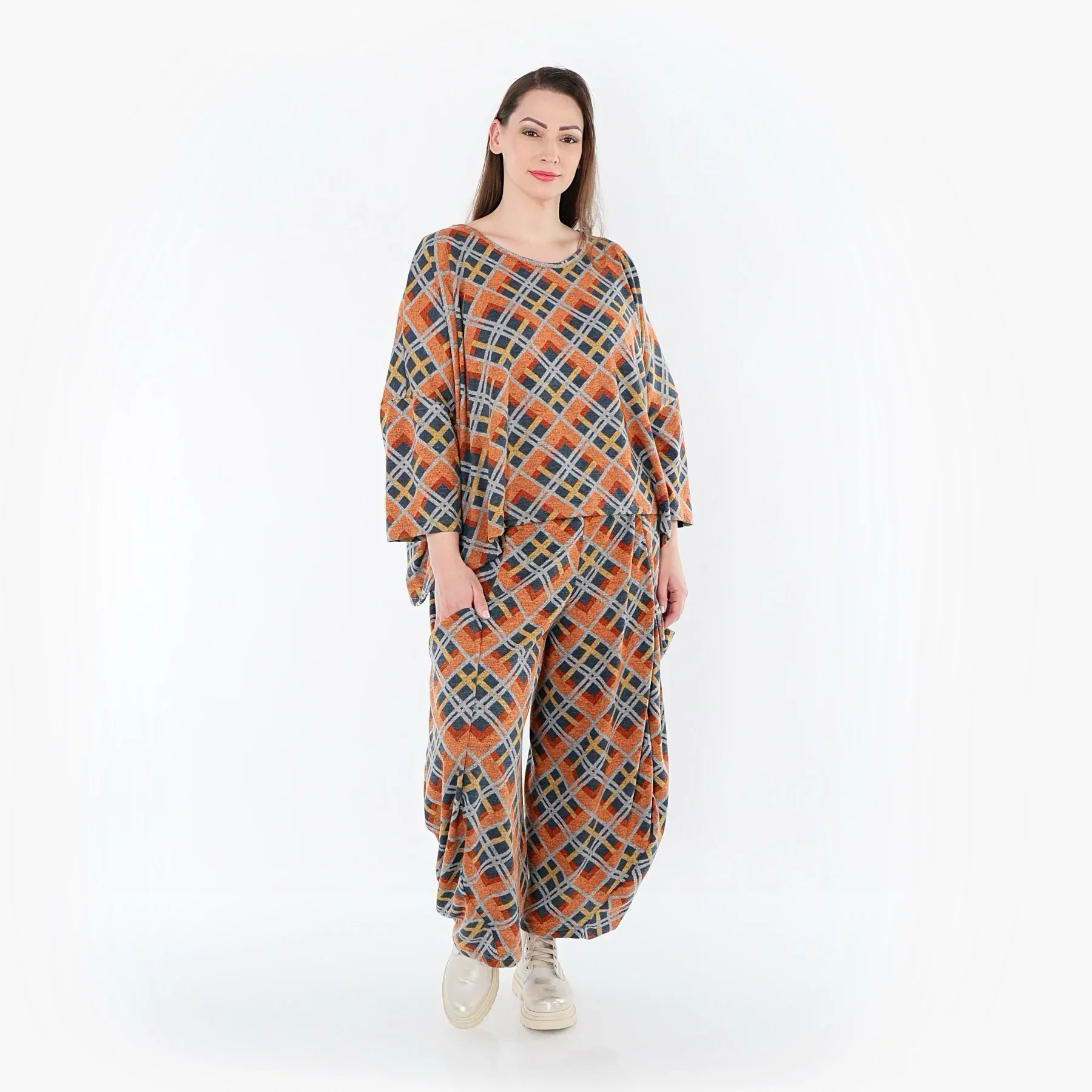 AKH Fashion 8069 Pantalon, Orange-Bleu-Gris