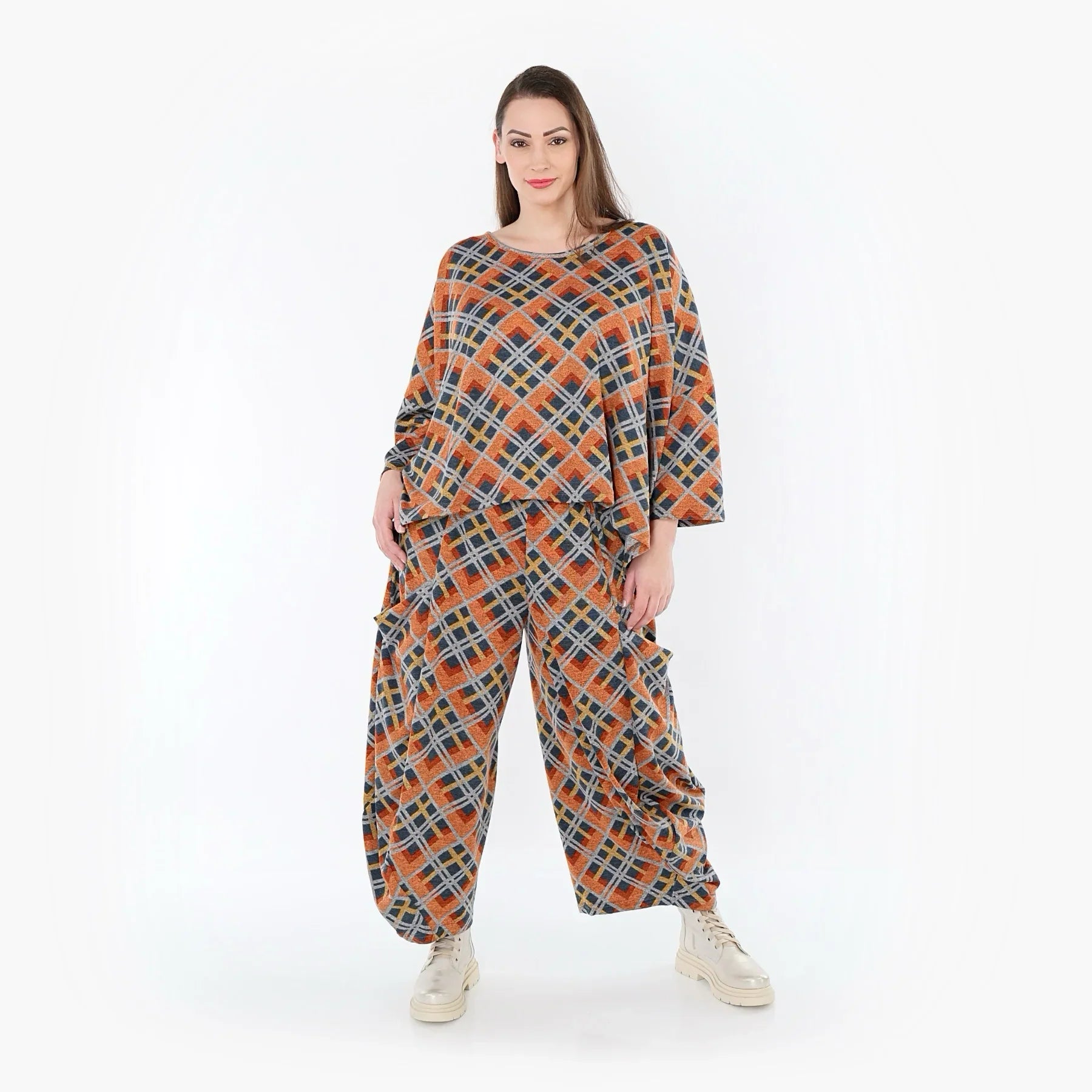 AKH Fashion 8069 Pantalon, Orange-Bleu-Gris