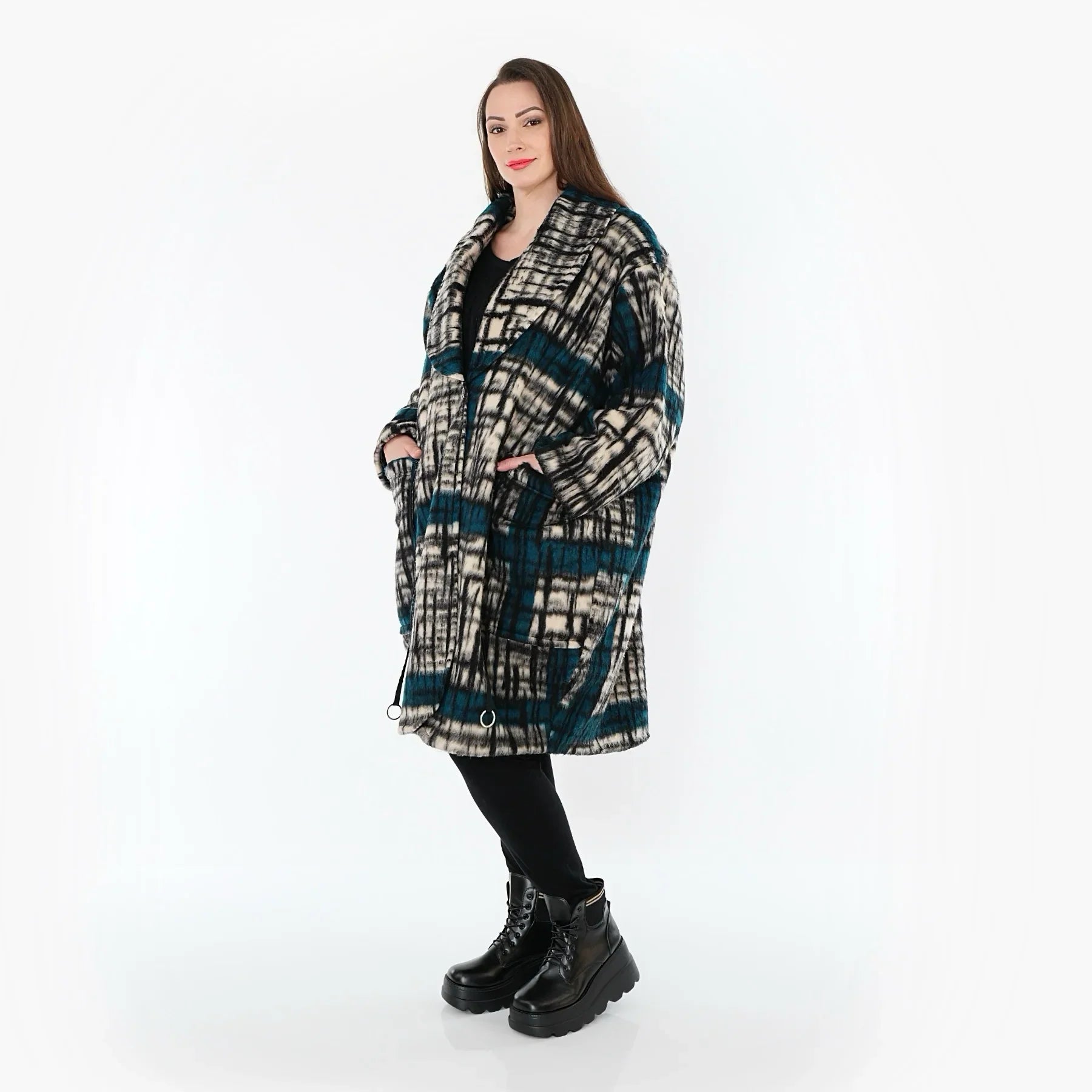 AKH Fashion 7164 Manteau, Noir-Écru-Pétrole
