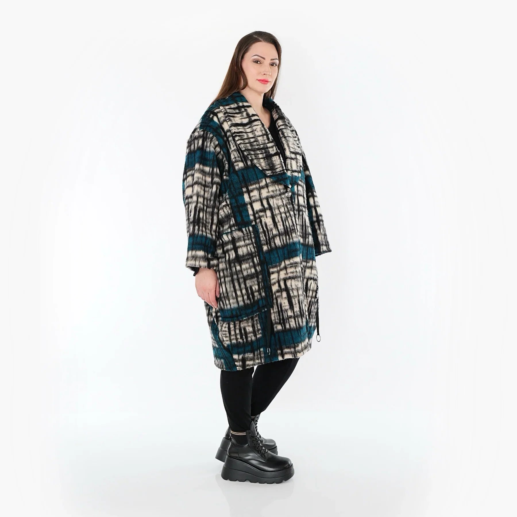 AKH Fashion 7164 Manteau, Noir-Écru-Pétrole