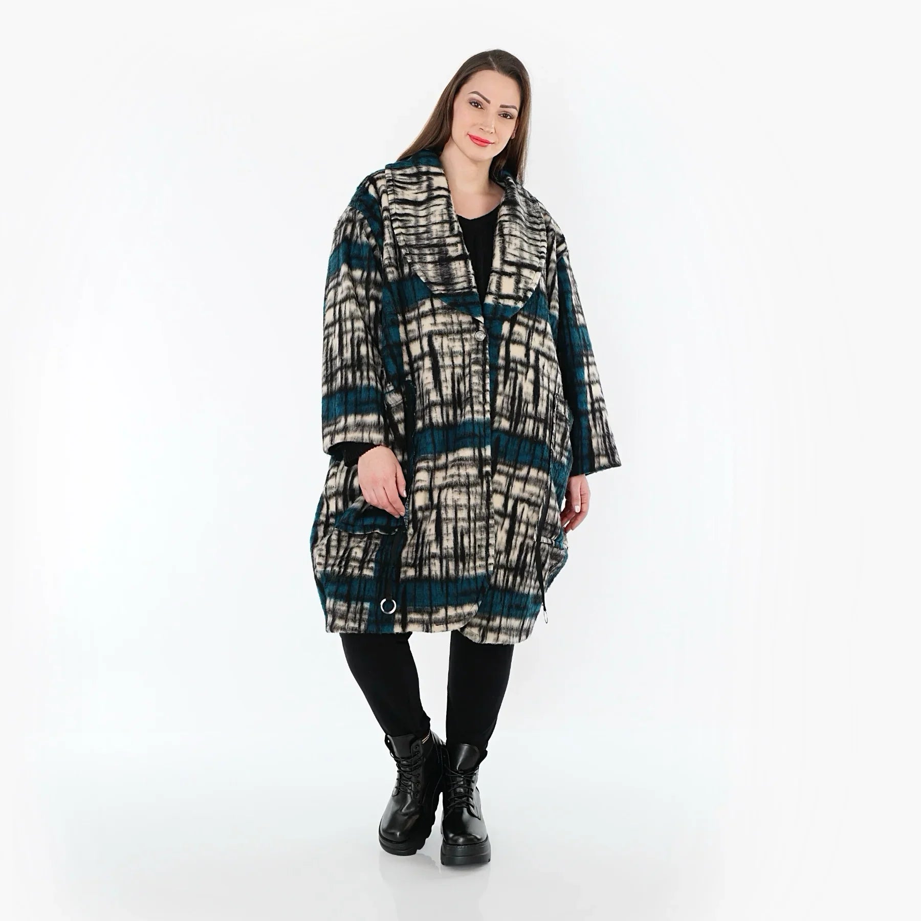 AKH Fashion 7164 Manteau, Noir-Écru-Pétrole