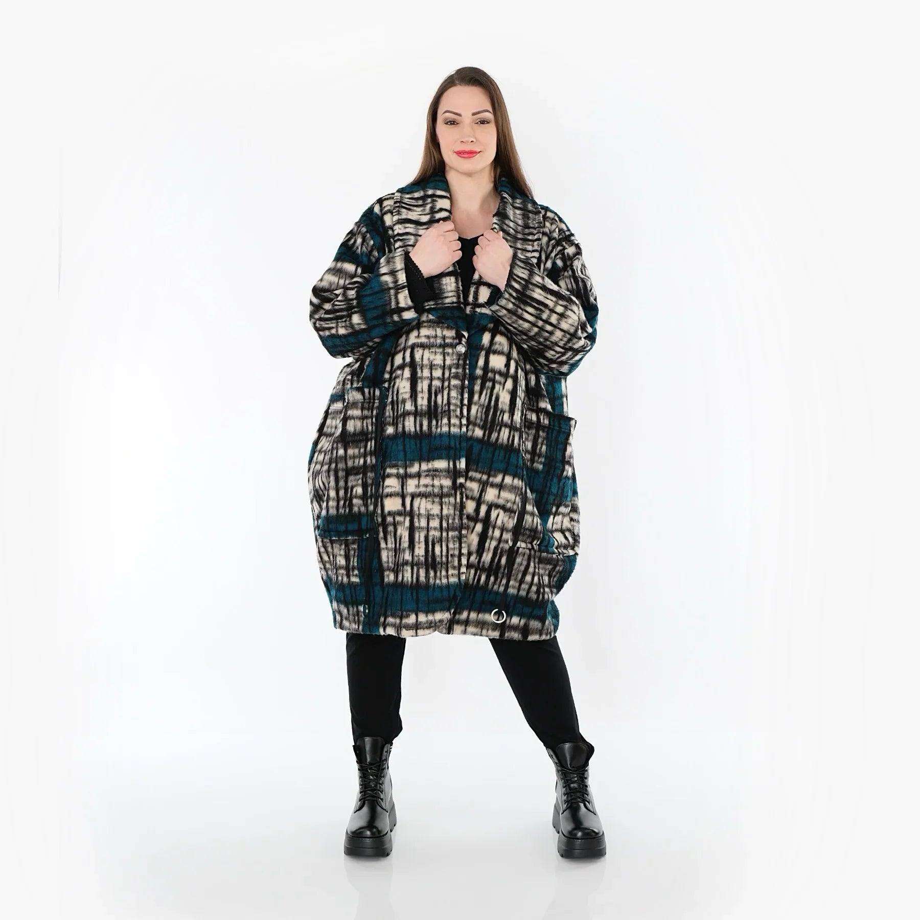 AKH Fashion 7164 Manteau, Noir-Écru-Pétrole