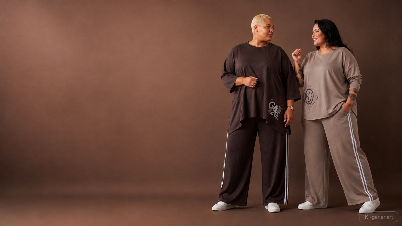 Funky Diva Winter – zwei Modelle in Braun- und Sandtönen, KI-generiertes Markenbild