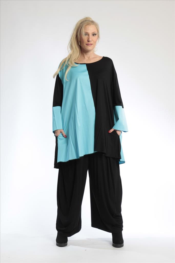 Everyday big shirt in A-shape made of jersey quality, sateen in black-turquoise