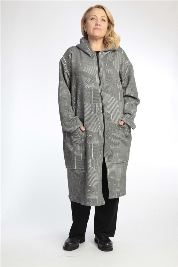 Winter coat in a straight shape made of jacquard quality, semolina in gray and white