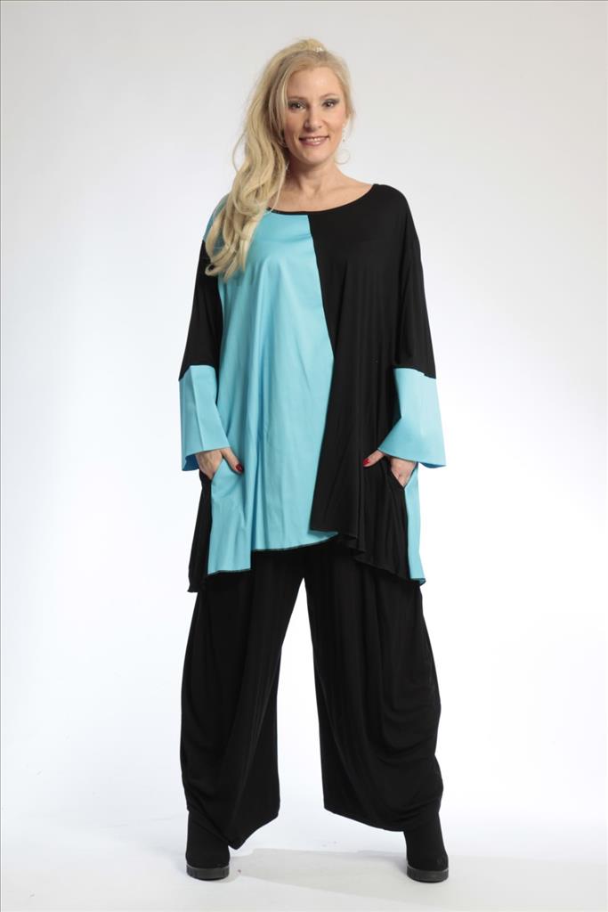 Everyday big shirt in A-shape made of jersey quality, sateen in black-turquoise