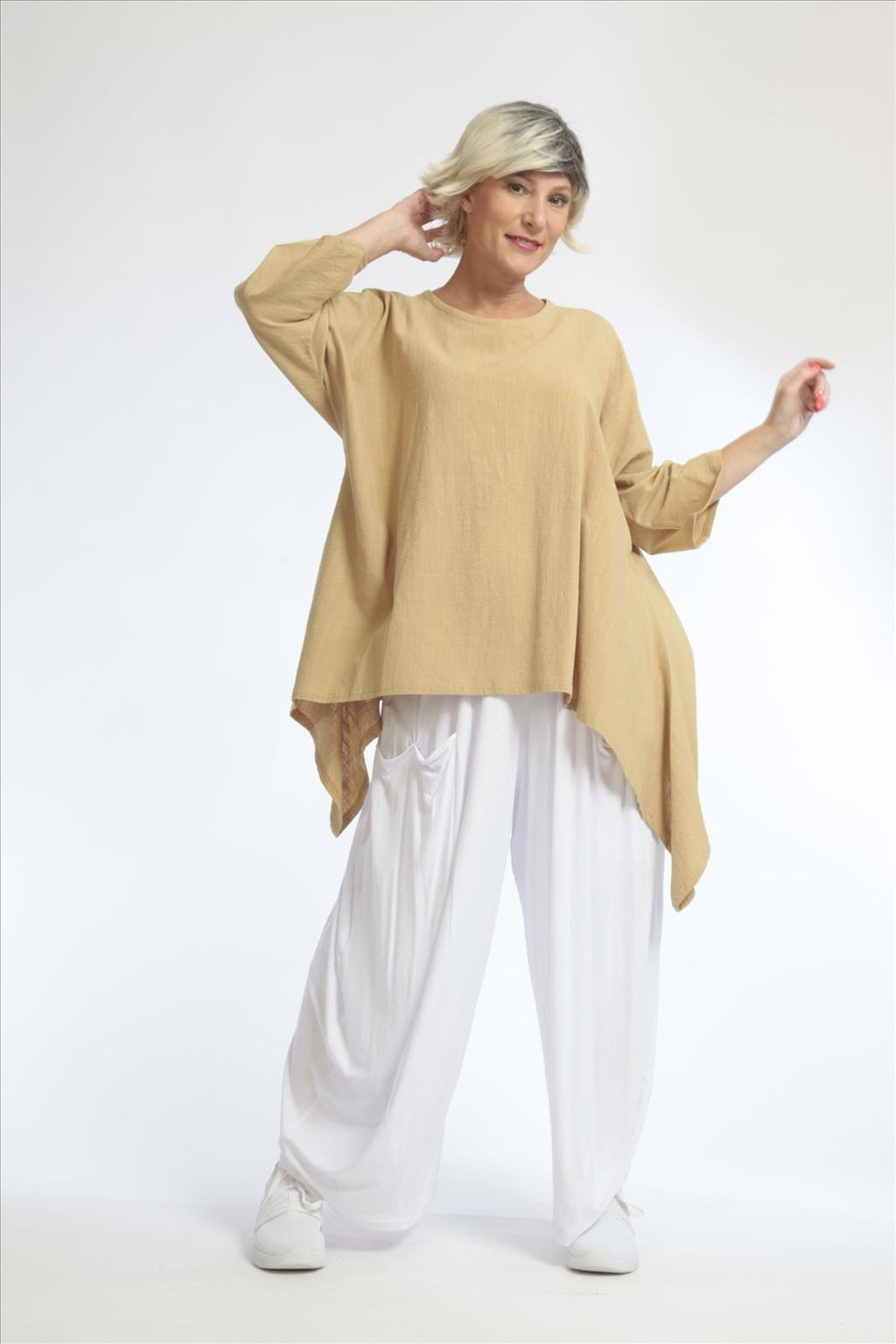 Summer big shirt in A-shape made of crushed linen look quality, Cottona in beige