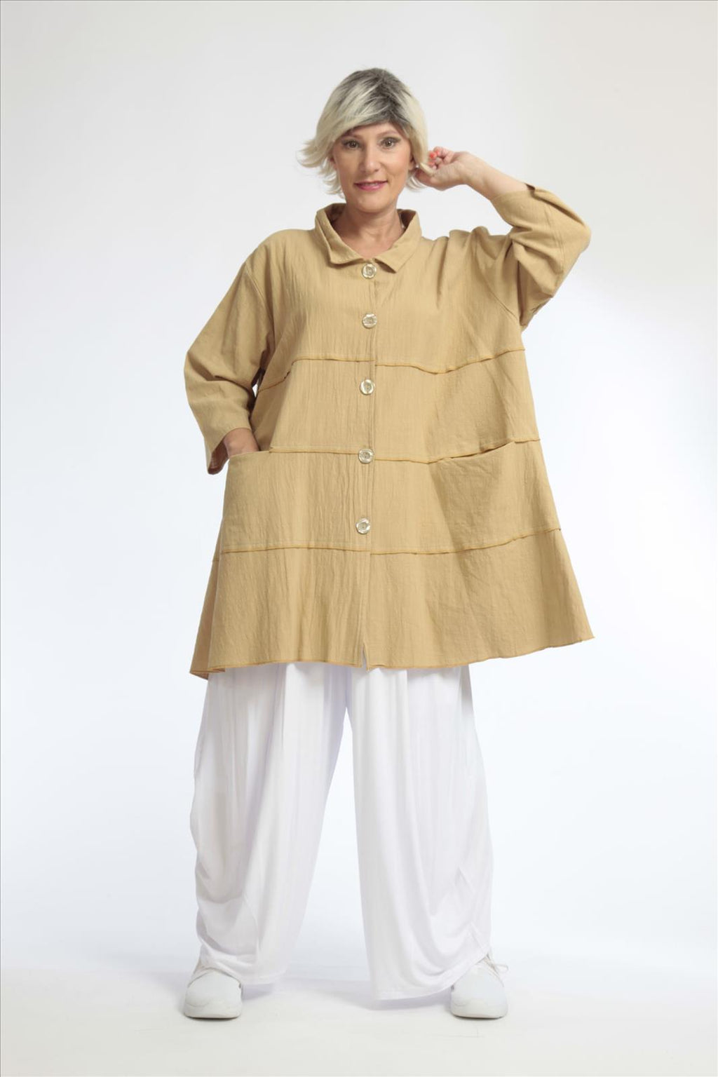 Summer jacket in A-shape made of crashed linen look quality, Cottona in beige