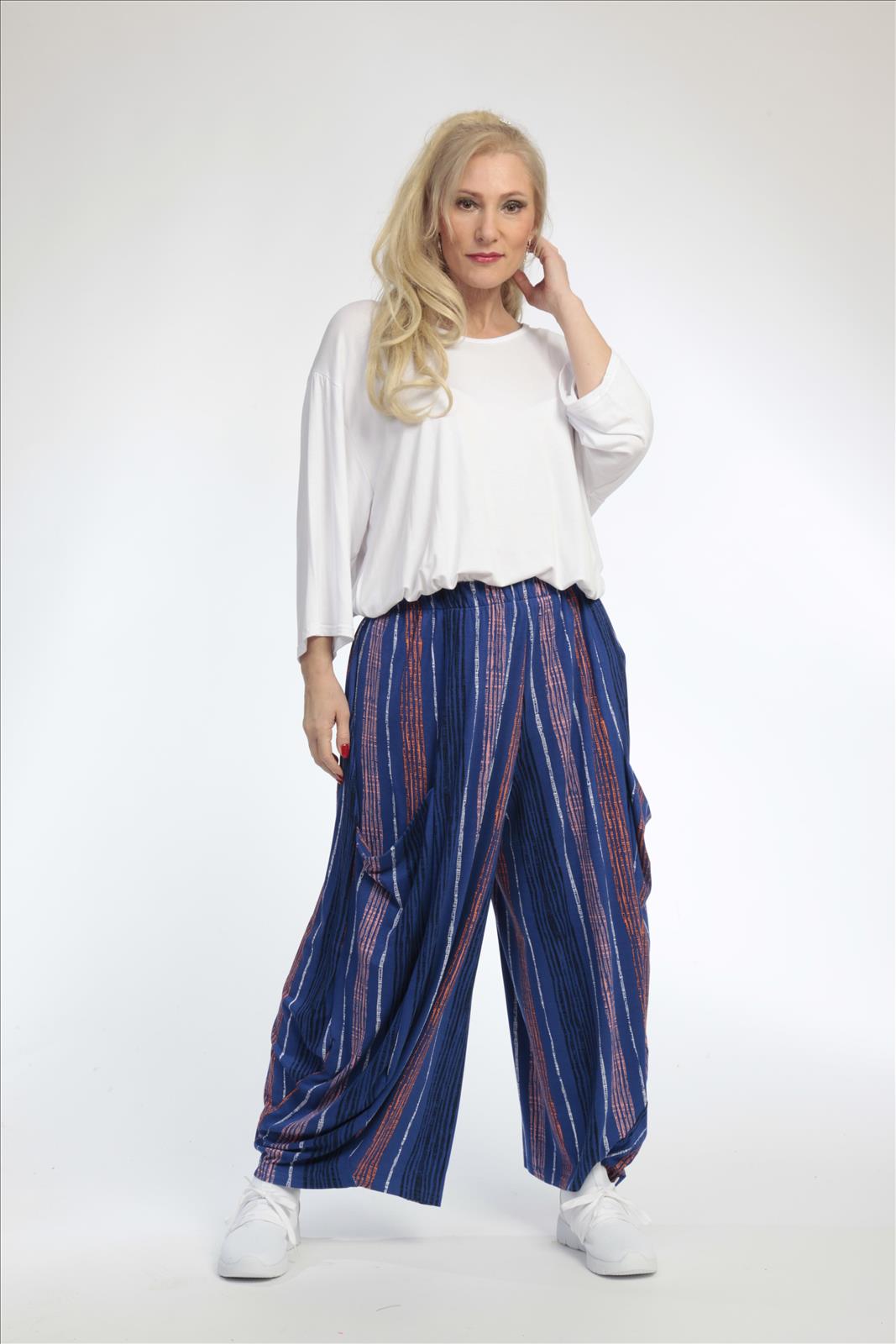 Summer trousers in balloon shape made of soft jersey quality, Florida in royal blue-multi