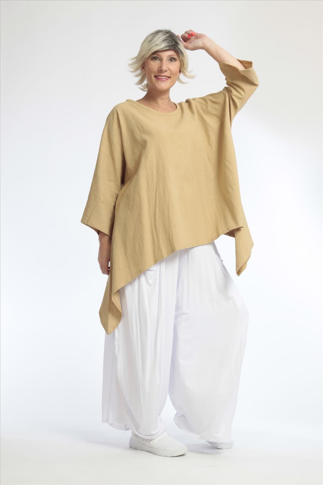 Summer big shirt in A-shape made of crushed linen look quality, Cottona in beige
