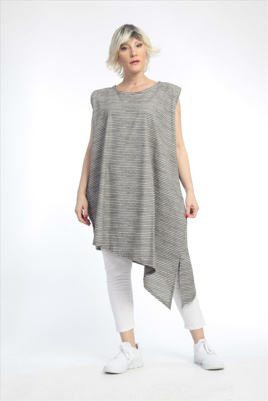 Summer tunic in an asymmetrical shape made of poplin quality, boa in gray and white