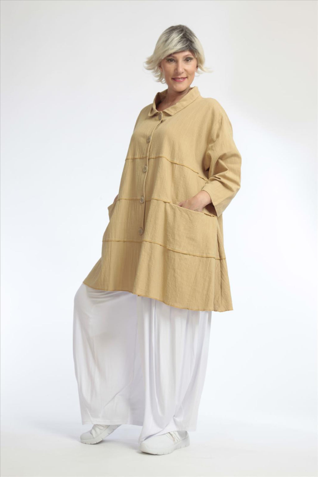 Summer jacket in A-shape made of crashed linen look quality, Cottona in beige