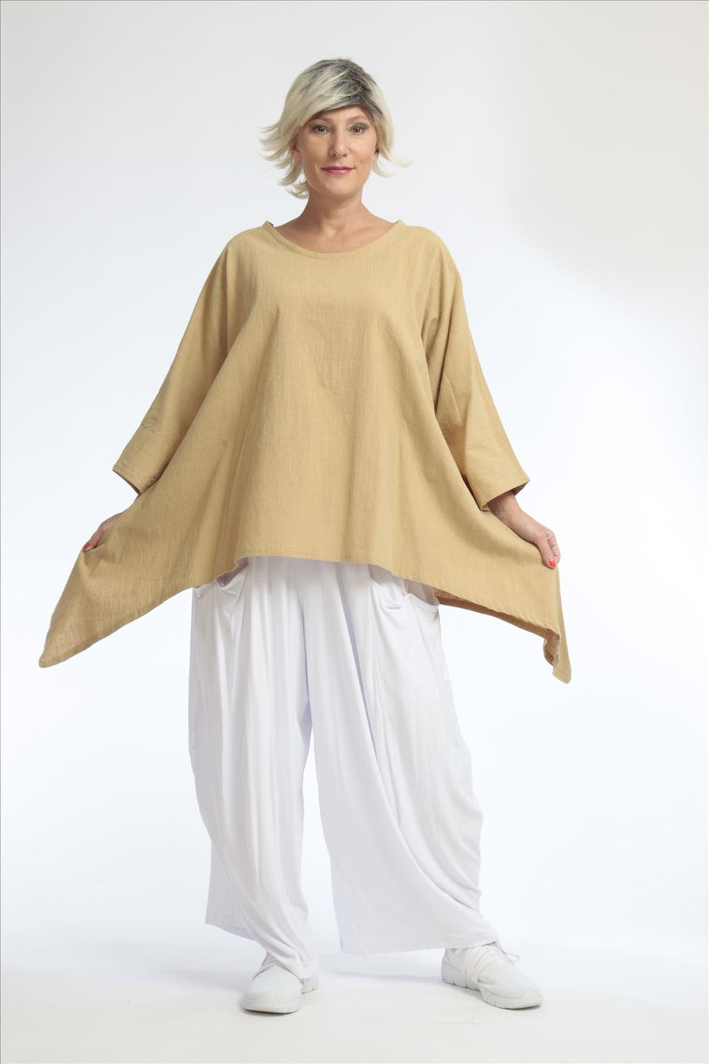 Summer big shirt in A-shape made of crushed linen look quality, Cottona in beige