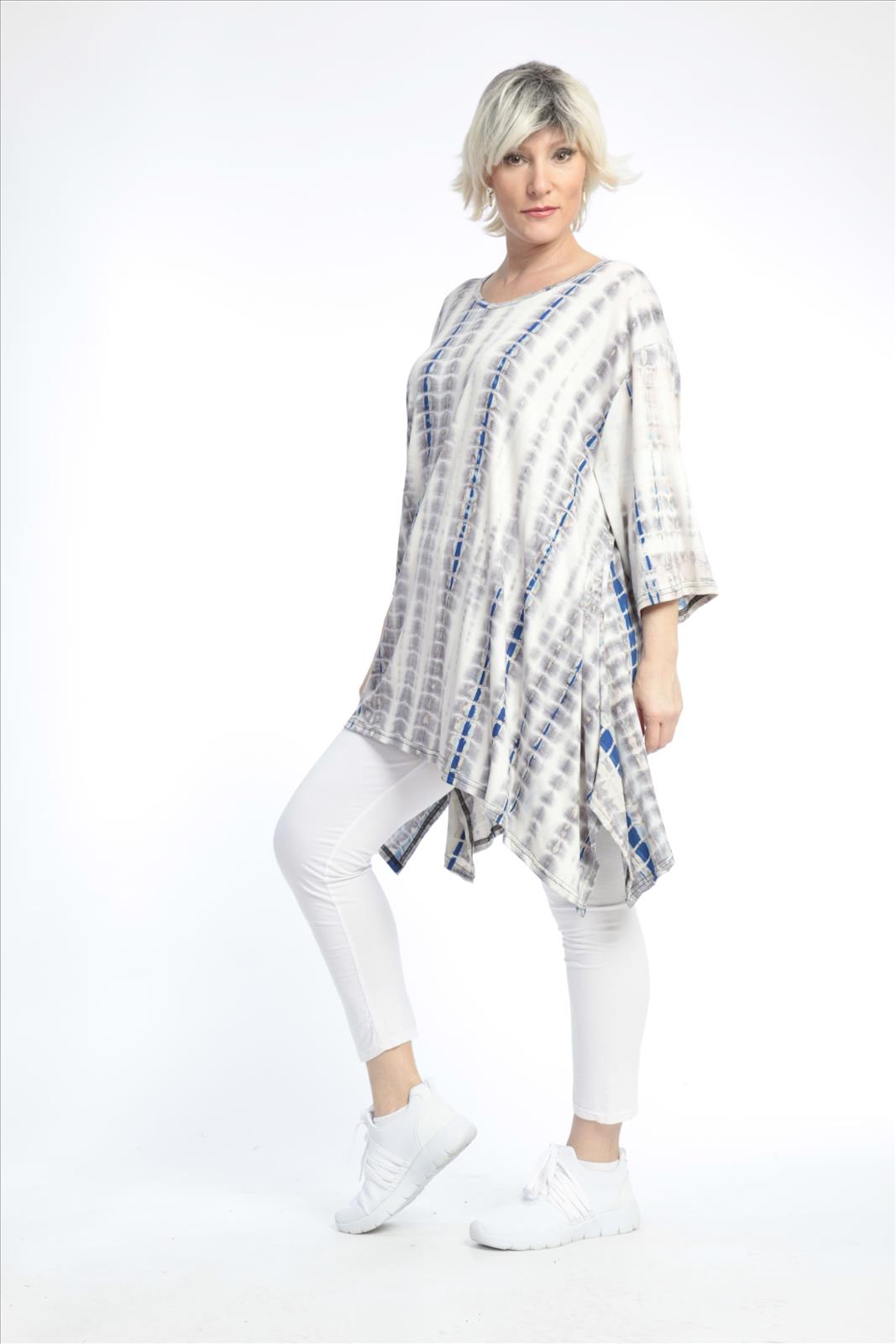 Summer big shirt in A-shape made of jersey quality, batik in taupe blue