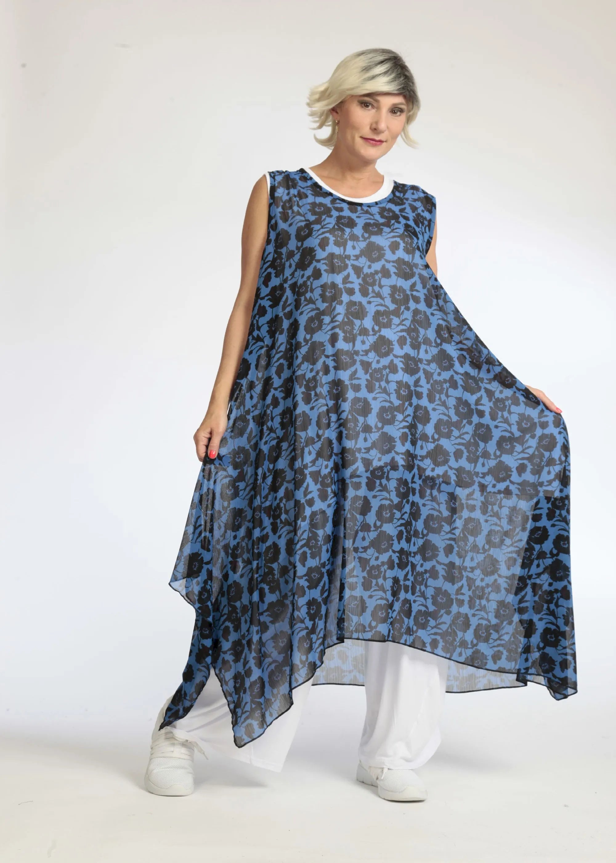 Summer tunic in A-shape made of airy chiffon quality, Samara in blue-black