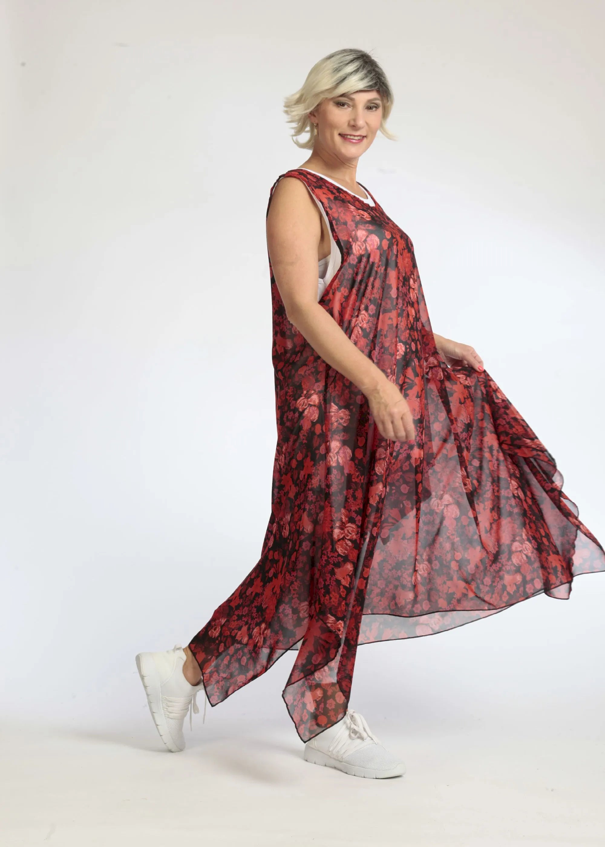 Summer tunic in A-shape made of airy chiffon quality, Eden in red-black
