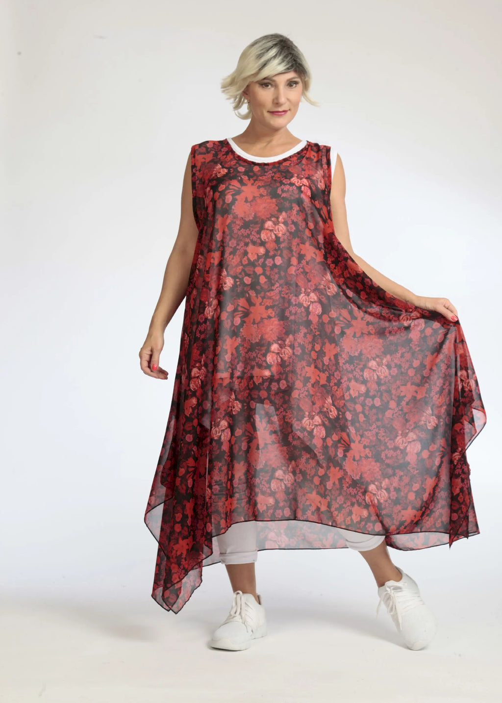 Summer tunic in A-shape made of airy chiffon quality, Eden in red-black