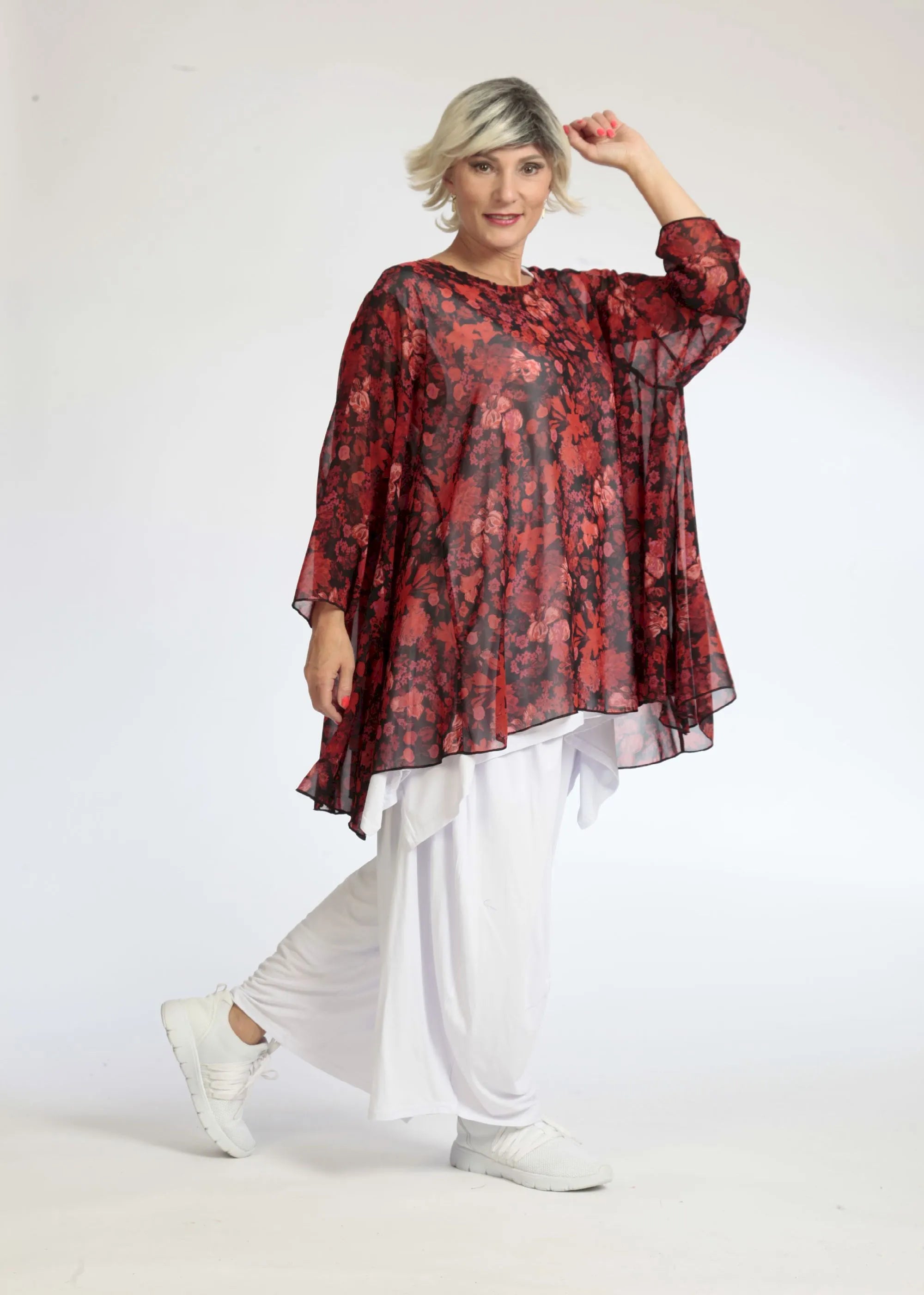 Chemise d'été grande taille en forme de A en mousseline de soie aérée, Eden en rouge-noir