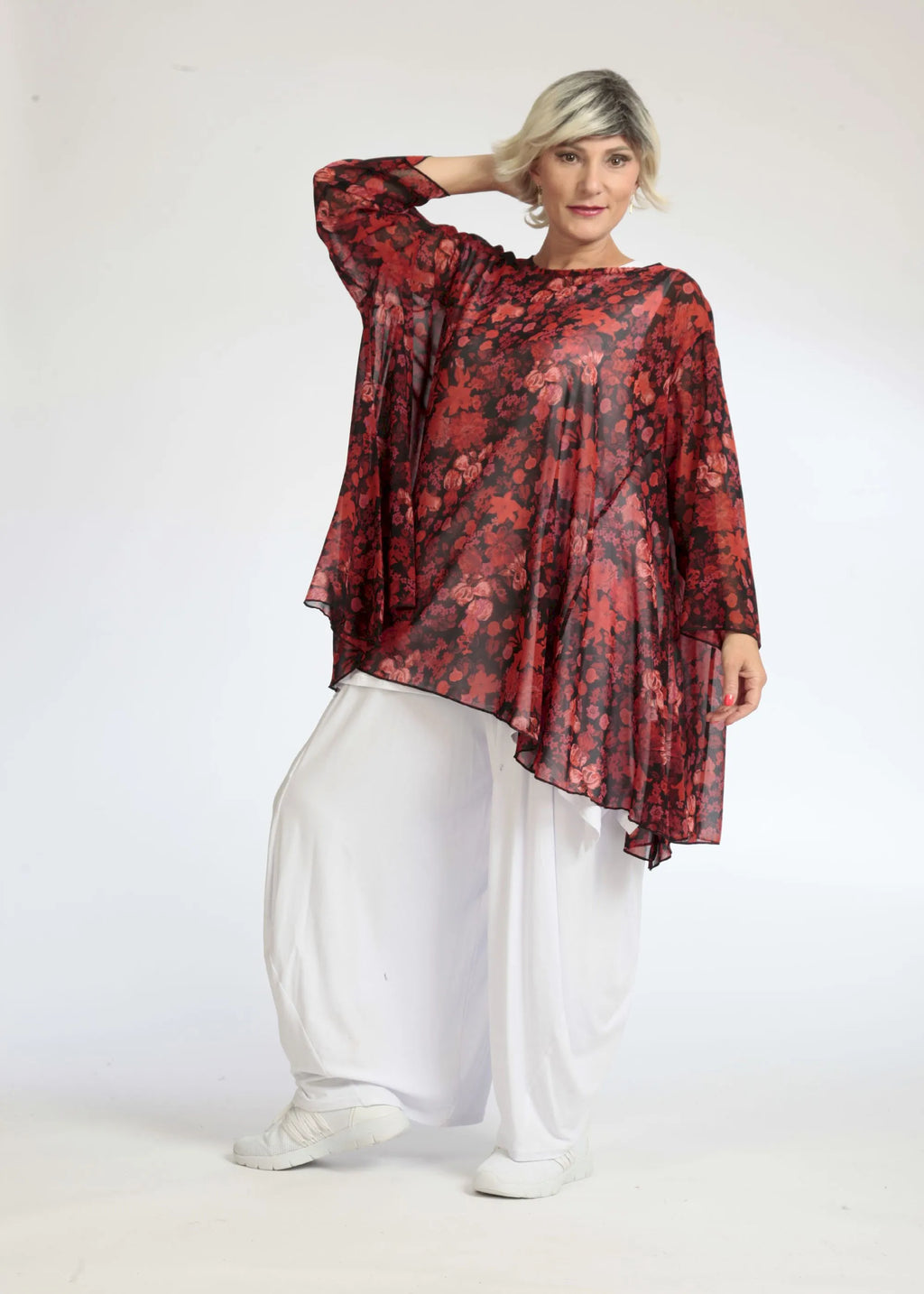 Chemise d'été grande taille en forme de A en mousseline de soie aérée, Eden en rouge-noir