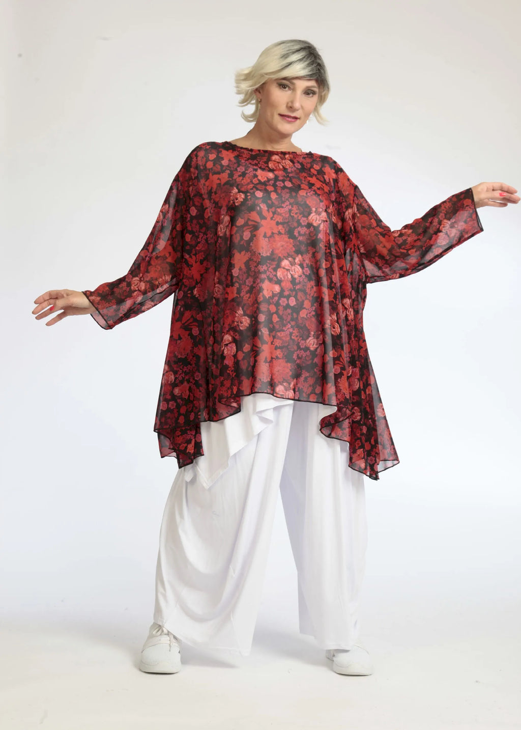 Chemise d'été grande taille en forme de A en mousseline de soie aérée, Eden en rouge-noir