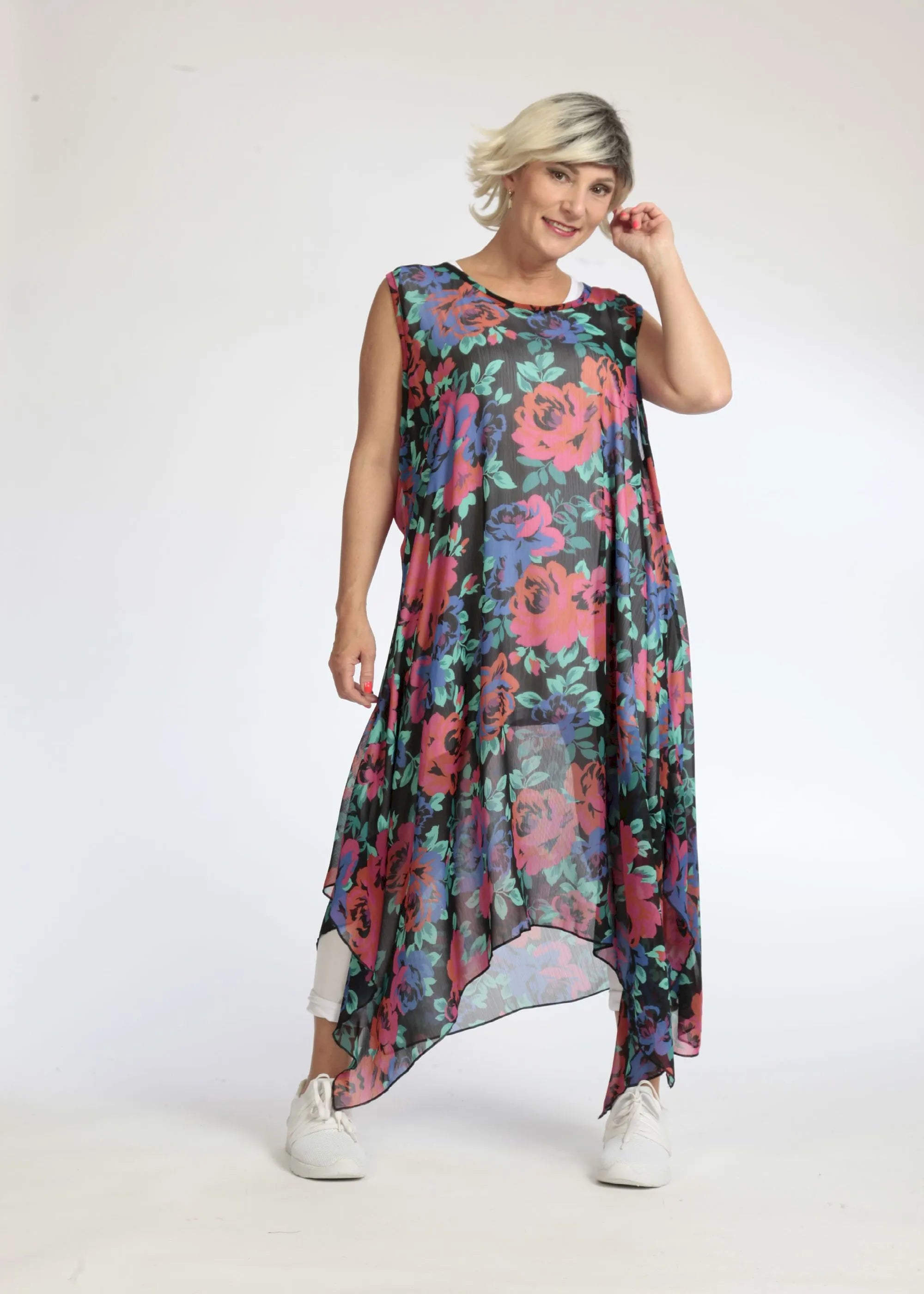 Sommer Tunika in A-Form aus luftiger Chiffon Qualität, Novelle in Schwarz-Rot-Blau