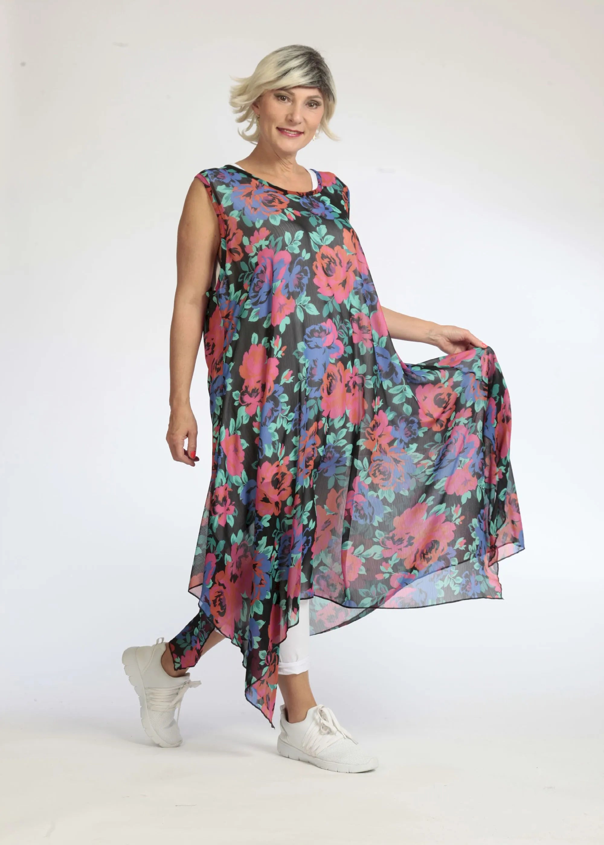 Sommer Tunika in A-Form aus luftiger Chiffon Qualität, Novelle in Schwarz-Rot-Blau