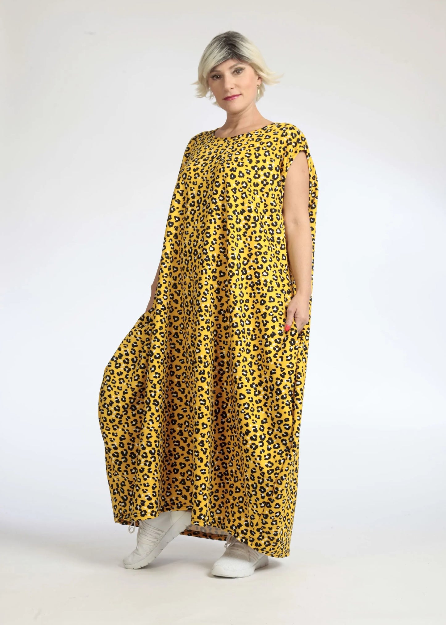 Sommer Kleid in Ballon Form aus glatter Slinky Qualität, Mercy in Gelb-Schwarz