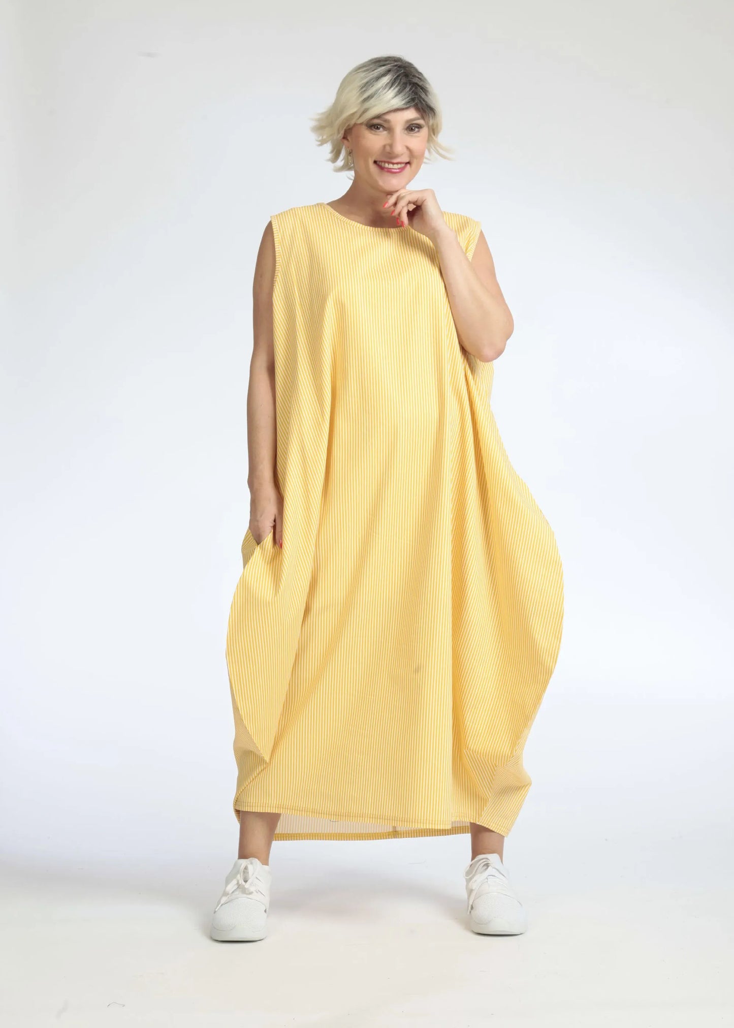 Sommer Kleid in Ballon Form aus glatter Popeline Qualität, Verena in Gelb-Weiß
