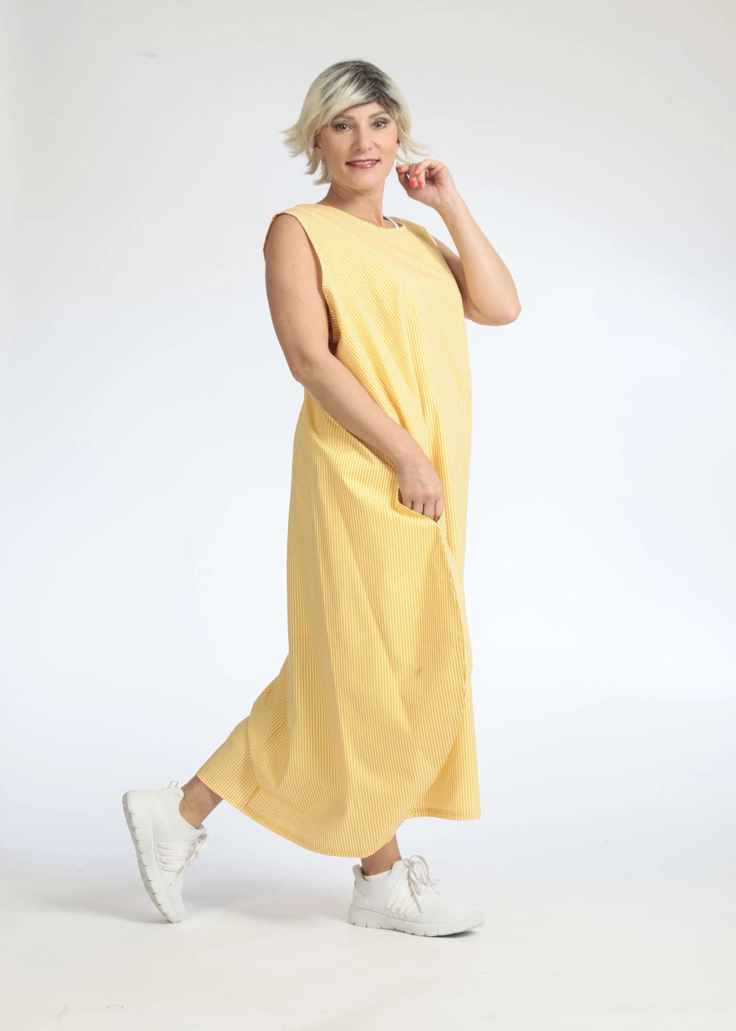 Sommer Kleid in Ballon Form aus glatter Popeline Qualität, Verena in Gelb-Weiß